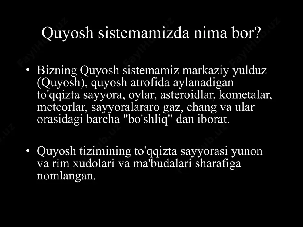 ning yo'ldoshlari yo'q va orbitani yakunlash uchun 225 kun kerak bo'ladi. yer yer - bufaqattirik organizmlarni qo'llab-quvvatlashi ma'lum bo'lgan sayyora. yer yuzasi 71% suvdan iborat. suv yerdagi hayot uchun zarurdir. okeanlar yerdagi barqaror haroratni saqlashga yordam beradi. yerda bitta oy va kislorodga boy atmosfera mavjud. yerning oyi oyning bir marta aylanishi uchun taxminan 29 kun kerak bo'ladi. oyning bir tomoni har doim bizga qaraydi. oy yuzasi chang va meteorlarning zarbalari natijasida toshloq qoldiqlar bilan qoplangan. unda suv yoki atmosfera yo'q. oy quyosh nurini yer yuzasiga aks ettiradi. er singari, mars ham qutblarida muzliklarga ega. marsda quyosh sistemamizdagi eng katta vulqon bor: olympus mons. olympus mons taxminan 15 milya balandlikda. mars tuprog'idagi temir oksidi yoki zang tufayli qizil ko'rinadi. marsning ikkita yo'ldoshi bor va orbitani bajarish uchun taxminan ikki yil kerak bo'ladi. mars pluton plutonning faqat bitta yo'ldoshi bor va quyosh atrofida aylanish uchun taxminan 249 yil kerak bo'ladi. pluton orbitasining …