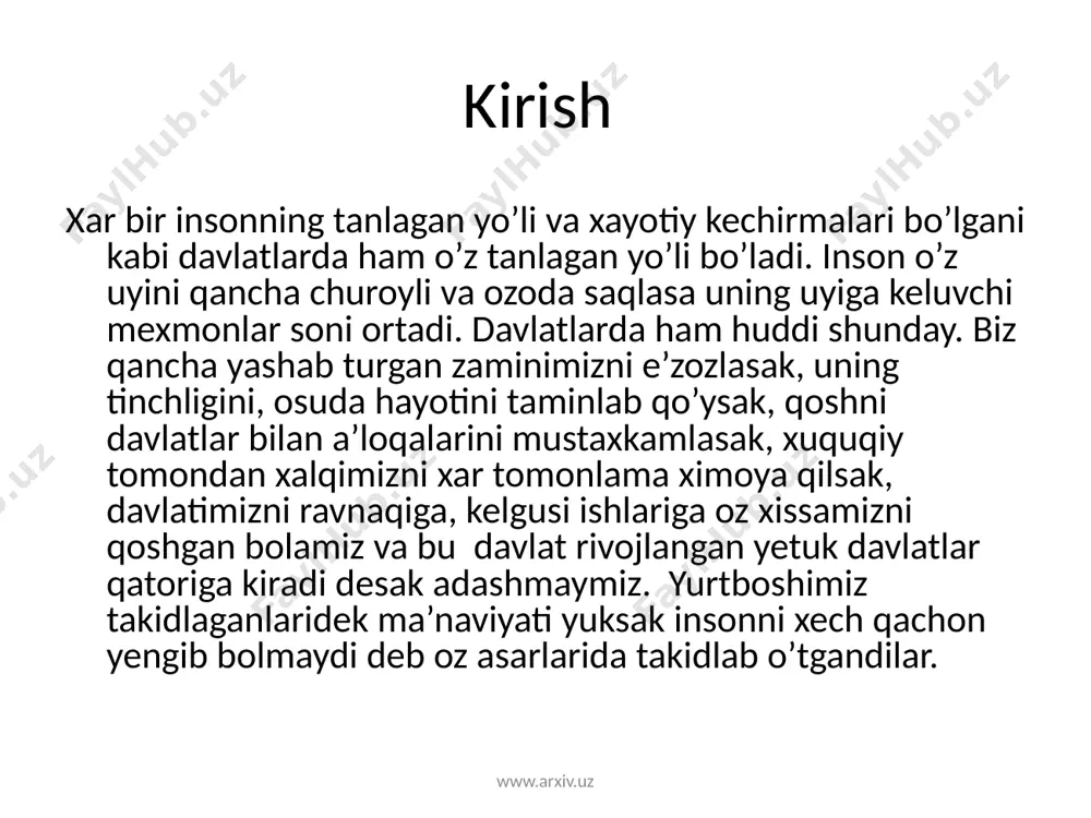 ildi. davlatda xavfsizlik va jamoat tartibini ta’min etuvchi mutlaqo yangi asosdagi tizim yaratildi. 7. tarixiy, milliy va axloqiy qadriyat hamda an’analarning, muqaddas dinimizning jamiyatni ma’naviy yuksalishidagi o‘rni va ahamiyati qayta tiklandi. 8. bizning keyingi yillarda erishgan eng katta yutug`imiz - bu umumiy xonadonimizda qaror topgan tinchlik va barqarorlik, millatlararo va fuqarolararo totuvlikdir. odamlarimiz tafakkurida bu qadriyatning beqiyos ahamiyatini anglab etish tuyg`usi tobora yuksalib bormoqda. www.arxiv.uz 9. shahar va qishloqlarimizning qiyofasi kundan-kunga o‘zgarmoqda. iqtisodiyot va jamiyatda shaxsiy mulk va mulkdorlarning, tadbirkorlarning mavqei va o‘rni mustahkamlanmoqda. 10. odamlarimizning tafakkuri va hayotga munosabati o‘zgarmoqda. o‘tmish qoliplaridan voz kechgan jamiyatimiz a’zolari hayotdagi o‘z o‘rnini yangicha tasavvur etmoqda, o‘z kuchiga ishonchi ortib bormoqda. kishilarimiz ongida demokratik qadriyatlar mustahkamlanmoqda. bu yillar davomida biz erishgan eng katta va eng muhim yutuq - bu aholining faolligi oshayotgani, hayotimizni isloh etish va yangilash zarurligiga, mamlakatimizning kelajagiga bo‘lgan qat’iy ishonchidir www.arxiv.uz 2. mustaqillikga erishganimizdan so’ng o’zbekistonda bo’lgan va bo’layotgan o’zgarishlar. …