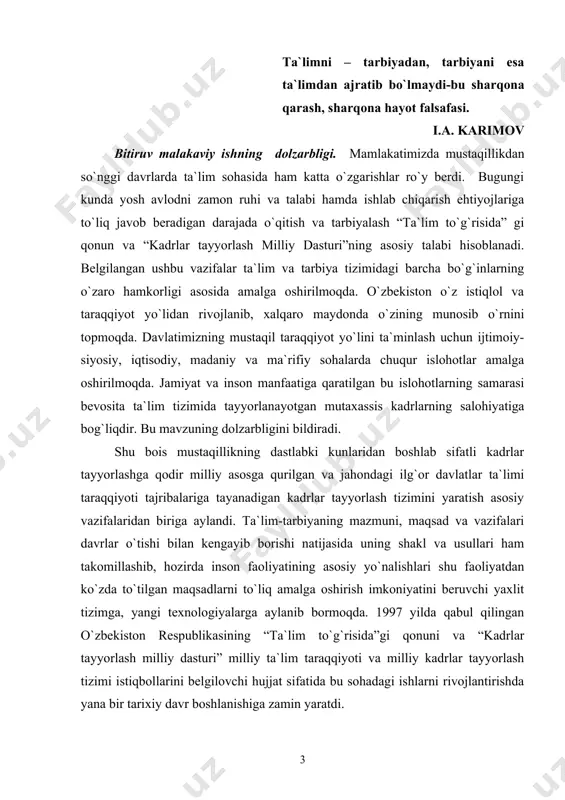 avlatlar ta`limi taraqqiyoti tajribalariga tayanadigan kadrlar tayyorlash tizimini yaratish asosiy vazifalaridan biriga aylandi. ta`lim-tarbiyaning mazmuni, maqsad va vazifalari davrlar o`tishi bilan kengayib borishi natijasida uning shakl va usullari ham takomillashib, hozirda inson faoliyatining asosiy yo`nalishlari shu faoliyatdan ko`zda to`tilgan maqsadlarni to`liq amalga oshirish imkoniyatini beruvchi yaxlit tizimga, yangi texnologiyalarga aylanib bormoqda. 1997 yilda qabul qilingan o`zbekiston respublikasining “ta`lim to`g`risida”gi qonuni va “kadrlar tayyorlash milliy dasturi” milliy ta`lim taraqqiyoti va milliy kadrlar tayyorlash tizimi istiqbollarini belgilovchi hujjat sifatida bu sohadagi ishlarni rivojlantirishda yana bir tarixiy davr boshlanishiga zamin yaratdi. bugungi kun ta`lim tizimining talablaridan kelib chiqqan holda innavatsion texnolgiyalardan geografiya darslarida mavzuga mos turda saralab olish va olib borishdan ko`zda to`tiladigan maqsadlar quyidagicha taqsimlanadi: -o`quvchilarning geografiya faniga va u orqali o`zi yashayotgan o`lka tabiatiga mexr-muxabbatni shakllantirish, -ularning nazariy bilimlarni chuqur o`rganishida, o`zicha fikrlay olishi hamda o`rganilgan bilimlarni amalda bajara olishida muhim o`rinni egallash; -o`rganilayotgan mavzuni yengil o`zlashtira olishga yordam berish va …