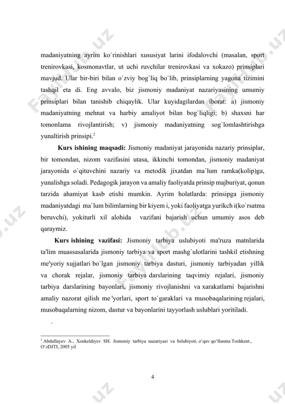 si doimo jismoniy tarbiya amaliyotiga tayangan holda taraqqiy qiladi va takomillashadi. uning metodologik asosi ana shu amaliy ilmiy tadqiqot natijalarini o’zlashtirish orqali hamisha boyib boradi. shuning uchun ham jismoniy tarbiya predmeti qotib qolishi mumkin emas, u rivojlanib va mukammallashib boradi. yosh avlodni ongli, milliy g’ururli, yuksak madaniyatli qilib, ya’ni sog’lom, baquvvat, chiniqqan, tadbirkor, o’z xarakatlarini yaxshi boshqara oladigan, badantarbiya va sport mashg’ulotlarini sevadigan, har qanday vaziyatda ham o’zini tuta biladigan va mustaqil xarakat qila oladigan, xayotda faol, ijodiy faoliyatga nisbatan qobiliyatli qilib tarbiyalash jismoniy tarbiyaning muhim vazifasi hisoblanadi. jismoniy tarbiya nazariyasi boshlang’ich sinflarda har bir yosh bosqichidagi bolaning yashirin imkoniyatlari qonuniyatlarini o’rganib va hisobga ola borib, jismoniy tarbiyaning butun ta’lim-tarbiya majmuasi, ilmiy asoslangan dasturi talablarini (harakat, ko’nikma va malakalar, jismoniy sifatlar, ba’zi sodda bilimlarni) ko’zda tutadi. ularni o’zlashtirish bolalarning kelajakdagi zaruriy harakat faoliyatlarini tez egallash imkoniyatlarini ta’minlaydi. shu bilan birga, dasturning bolalar tomonidan o’zlashtirilishida qatiy izchillikka rioya qilinadi. bunda bolaning …