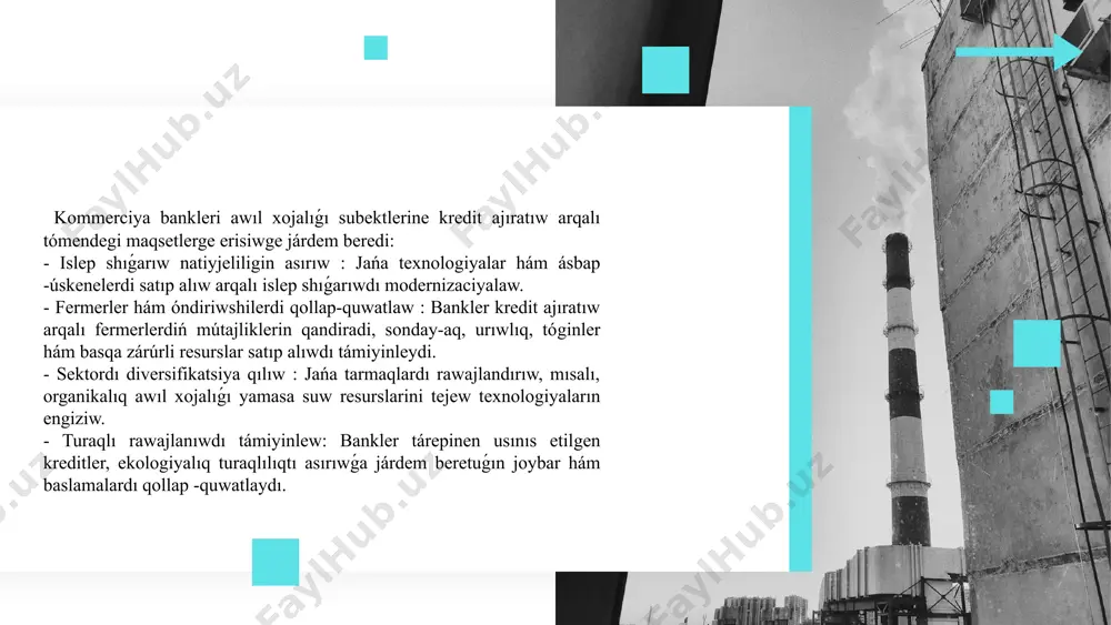sektorı mámleket ekonomikasınıń ajıralmaytuǵın bólegi retinde úlken áhmiyetke iye. fermerler hám awıl xojalıǵı subektleri islep shıǵarıwdı keńeytiw hám modernizaciyalaw ushın zárúr bolǵan kapitalǵa iye bolmawi múmkin. sol sebepli olar finanslıq resursların kommerciya banklerinen alıwǵa minnetli. kommerciya bankleri ajratgan kreditler fermerlerge jańa texnologiyalardı engiziw, zamanagóy texnikalerdi satıp alıw, awıl xojalıǵın modernizaciyalaw hám islep shıǵarıwdı keńeytiw múmkinshiligin jaratadı. photo by victor on unsplash itibarin'iz ushun raxmet! image1.png image2.png image20.jpeg image9.png image10.png image19.png image6.png