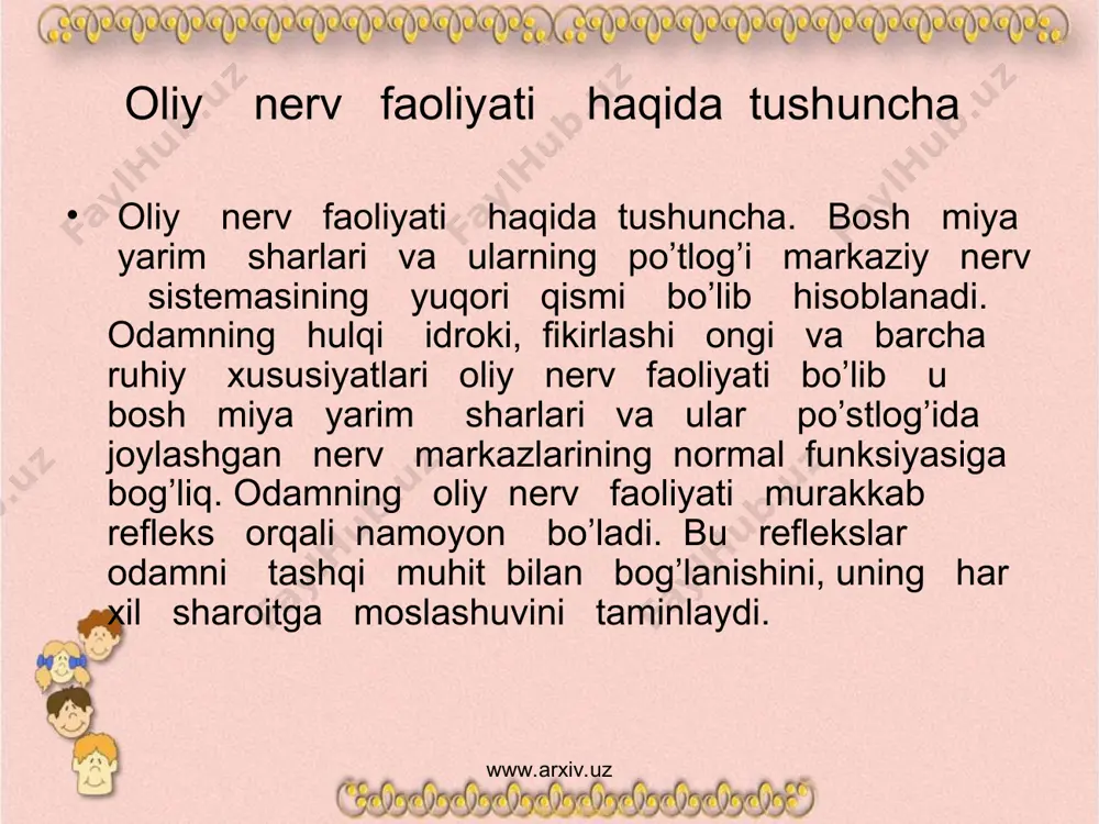- deb yozgan edi i.p. pavlov –odam bosqichiga kelib nerv faoliyati mexanizmlarga nixoyatga katta qo’shimcha qo’shildi .“ bu qo’shimcha odamga nutq paydo bo’lishi va yangi signal sistemasi vujudga kelishidan iborat bo’ladi. www.arxiv.uz www.arxiv.uz www.arxiv.uz www.arxiv.uz organik dunyo taraqiyotining shu bosqichida muhit bilan aloqa bo’g’lashning yangi faqat odamga-gina xos bo’lgan ikkinchi signal sistemasi qaror topdi , “homo sapens” oilasi paydo bo’guncha hayvonlar deb yozgan edi i.p.pavlov - atrofdagi dunyoning hayvonlardagi xilma –xil reseptor mexanizmlarga ta’sir etadigan va markaziy nerv xujayralariga yetib boradigan turli agentlaridan kelib chiquvchi bevosita ta’surotlari orqaligina o’sha dunyo bilan a’loqga qilar edi. bu ta’surotlar tashqi abyektlarining birdan – bir signallari edi . odamda ikkinchi darajali signal birinchi signallarning signali - talaffus etiladigan , eshitiladigan, ko’riladigan so’zlar ko’rinishida paydo bo’lib rivojlanib bordi va yuqori darajada kamolga yetdi. odamda sust alohida ahamiyat kasb etadi. so’z deb yozadi i. p. pavlov birinchi signallarning signali bo’lib voqeliqni faqat bizga xos ikkinchi signal …