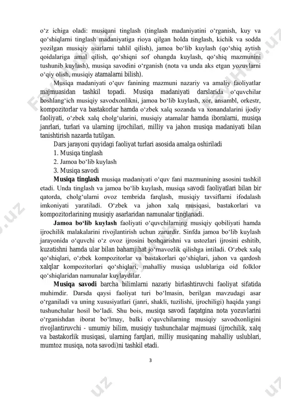 ri qo‘shiqlari, mahalliy musiqa uslublariga oid folklor qo‘shiqlaridan namunalar kuylaydilar. musiqa savodi barcha bilimlarni nazariy birlashtiruvchi faoliyat sifatida muhimdir. darsda qaysi faoliyat turi bo‘lmasin, berilgan mavzudagi asar o‘rganiladi va uning xususiyatlari (janri, shakli, tuzilishi, ijrochiligi) haqida yangi tushunchalar hosil bo‘ladi. shu bois, musiqa savodi faqatgina nota yozuvlarini o‘rganishdan iborat bo‘lmay, balki o‘quvchilarning musiqiy savodxonligini rivojlantiruvchi - umumiy bilim, musiqiy tushunchalar majmuasi (ijrochilik, xalq va bastakorlik musiqasi, ularning farqlari, milliy musiqaning mahalliy uslublari, mumtoz musiqa, nota savodi)ni tashkil etadi. 4 musiqa savodida musiqiy atamalar - templar (sur’at), intervallar, alteratsiya belgilari, dinamik belgilar, musiqaning ifoda vositalari, oddiy musiqa shakllari, janrlari, major va minor ladlari haqida o‘quvchilarga tushunchalar beriladi. musiqaning ifodaviy tili: kuy, ritm-usul, sur’at, o‘lchov, registr, dinamik belgilar bilan tanishish, major va minor ladlarini farqlay bilish, oddiy musiqa shakllari: bir qismli, ikki qismli va uch qismli musiqa shakllari, kupletli, rondo, sonata, syuitalarni; musiqiy janrlar - ashula, raqs, vals, marsh kabi janrlarini farqlay …