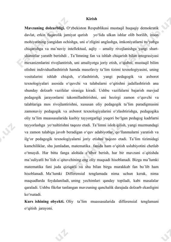 2 ta bob, 4 ta paragrapf, xulosa, foydalanilgan adabiyotlar roʻyxati hamda ilovadan iborat. 1- bob. n-tartibli chiziqli o’zgarmas koeffitsientli diffrensiyal tenglamalar. 1.1.n-tartibli chiziqli bir jinsli o’zgarmas koeffitsientli tenglamalar. ta’rif. a0y(n)+a1y(n-1)+..+ an-1y’+any=f(x) (4.2) ko’rinishdagi tenglama n-tartibli chiziqli , o’zgarmas koeffitsientli differensial tenglama deyiladi, bunda a0,.a1,..,an-1,an – o’zgarmas miqdorlar, a00. agar f(x)0 bo’lsa, bir jinsli bo’lmagan tenglama, f(x) 0 bo’lsa, bir jinsli tenglama deyiladi. 1-teorema y1 va y2 2- tartibli bir jinsli chiziqli y”+ a1y’+a2y=0 (4.3) tenglamaning xususiy yechimlari bo’lsa, u xolda y=y1+y2 ham shu tenglamaning yechimi bo’ladi. 2- teorema agar y (4.3) tenglamaning yechimi bulsa , u xolda cy ham shu tenglamaning yechimi bo’ladi. ta’rif agar [a,b] da (4.3) tenglamaning 2 ta yechimining nisbati o’zgarmas miqdorga teng , ya’ni bo’lsa y1 va y2 yechimlar [a,b] da chiziqli erkli yechimlar deyiladi, aks xolda chiziqli bog’lik yechimlar deyiladi . ta’rif w(y1 , y2)= = y1 2 - 1 y2 - ko’rinishdagi determinant vronskiy …