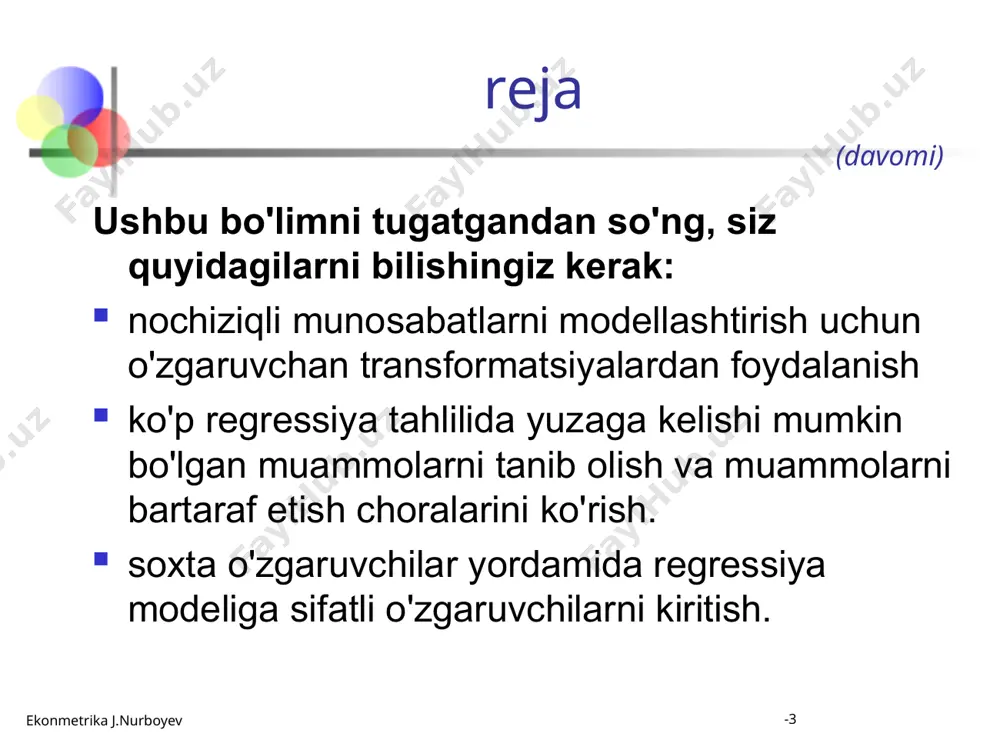r-joy mulkining sotish narxini bashorat qilish uchun ishlatilishi mumkin bo'lgan modelni yaratmoqchi. maqsad: minitab-dan o'lchanadigan o'zgaruvchilar to'plamiga sotish narxini bog'laydigan ko'p regressiya modelini yaratish uchun foydalaning. ma'lumotlar fayli birinchi shahar.mtw faylni oching birinchi shahar.mtw bir nechta regressiya - birinchi shahar ko'chmas mulki birinchi marta bosing statistika,keyin asosiy statistika va nihoyat korrelyatsiya. bir nechta regressiya - birinchi shahar ko'chmas mulki uchun ustunlarni aniqlang o'zgaruvchilar.ni bosing ok bir nechta regressiya - birinchi shahar ko'chmas mulki minitab chiqishi ko'rsatadi korrelyatsiya va p-qiymati yosh va kvadrat fut o'rtasida. bir nechta regressiya - birinchi shahar ko'chmas mulki korrelyatsiya shahar biri o'rtasida bashorat qiluvchi va narx juda muhim. shunday qilib, har bir bashoratchi regressiya modeliga kiritiladi. bir nechta regressiya - birinchi shahar ko'chmas mulki ekonmetrika j.nurboyev -19 misol muzlatilgan cho'l piroglari tarqatuvchisi talabga ta'sir qiladigan omillarni baholamoqchi bog'liq o'zgaruvchi: pirog savdosi (haftasiga birlik) mustaqil o'zgaruvchilar:narxi ($ da) reklama ($100ning) ma'lumotlar 15 hafta davomida yig'iladi ekonmetrika j.nurboyev …