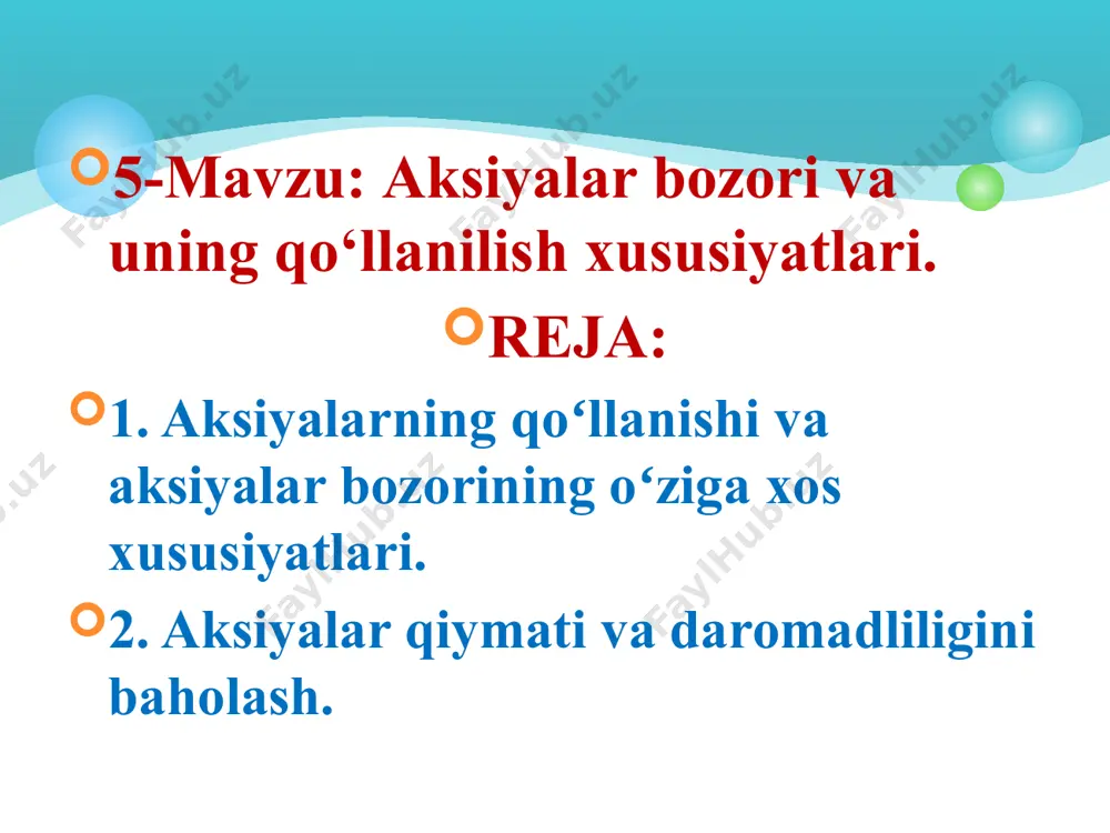 2.– korporativ tuzilma daromadlarida qatnashish yoki dividendlar olish huquqi. dividend bu korporativ tuzilma daromadlarining qismi boʻlib, aksiyalar soniga qarab aksiyadolarga taqsimlanadi. oddiy aksiyalar boʻyicha dividendlar barcha soliqlar, kreditorlik majburiyatlar, obligatsiya boʻyicha foizlar va imtiyozli aksiyalar boʻyicha dividendlar toʻlangandan keyin toʻlanadi; 3. yangi emissiya qilingan aksiyalarni boshqa shaxslarga taklif etishdan oldin sotib olish huquqi. bu huquqning afzalligi yangi emissiya qilingan aksiyalarni sotib olgan yangi aksiyadorlar oldida ularning ulushini himoya qilishdadir. 4– korporativ tuzilma tugatilishida mulk qismidan ulush olish huquqi. kompaniyaning tugatilishi – bu kompaniya oʻz faoliyatini toʻxtatishi, barcha kreditorlar bilan qarzdorliklarni hisob kitob qilishi, qolgan mulkni aksiyadorlar oʻrtasida taqsimlashidir. korxonalar, investitsion kompaniyalar va fondlar, banklar -aksiya emitentlari boʻlishi mumkin. chiqarilgan aksiyalar, yaʼni ularning soni va nominal qiymati jamiyat ustavi bilan belgilanadi. imtiyozli aksiyalar miqdori jamiyat ustav kapitali hajmida 20 % miqdoridan oshmagan holda chiqariladi. imtiyozli aksiya egalari aksiyadorlik jamiyatining aksiyadorlar umumiy yigʻilishlarida ovoz berish huquqiga ega emas. imtiyozli aksiyalarning turlari: kumulyativ …