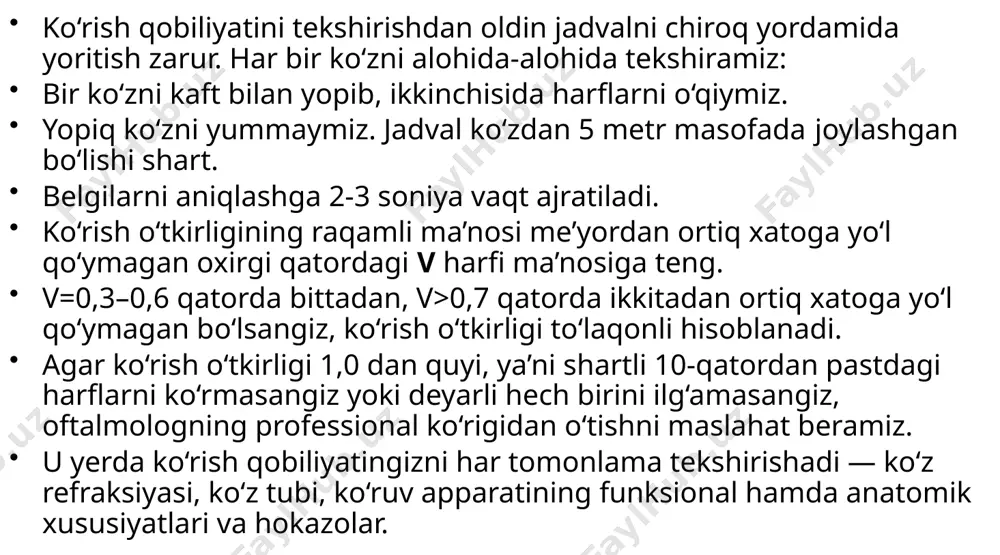 bilan soat millari bo’yicha va soat millariga qarshi bo’lishi kerak. bir necha marta ko’zingizni qattiq yuming, so’ngra keng qilib oching. diagonal harakatlar. yuqori chap burchakka qaray boshlang va nigohni quyi o’ng burchakkacha tushiring. boshlang’ich holatga qaytaring. ko’zlarni ochib-yuming. yuqori o’ng burchakka qarang, nigohni chap pastki burchakka qarata tushiring. ko’zlarni ochib-yuming. boshlang’ich holatga qaytaring. ishihara testi 42 45 29 koʻrish maydonini perimetr asbobi orqali aniqlanadi. koʻz bir nuqtaga qarab turganda, atrofdagi koʻzga koʻrinayotgan maydoni, koʻrish maydoni deb ataladi. odamlarda koʻrish maydon har xil boʻlib, bu koʻz formasiga, uning joylanish chuqurligiga, qosh va burunning shakliga hamda toʻr qavatning funksional holatiga bogʻliq rangli (xromatik) va rangsiz (axromatik) koʻrish maydoni farqlanadi. axromatik koʻrish xromatik koʻrish maydonidan katta boʻladi, chunki axromatik koʻrish toʻr qavatning asosan chet (periferik) joylashgan tayoqchalarning faoliyati bilan bogʻlangan. har xil ranglar uchun koʻrish maydoni bir xil boʻlmaydi. masalan: sariq rang uchun - eng katta yashil rang uchun esa - eng tor. …