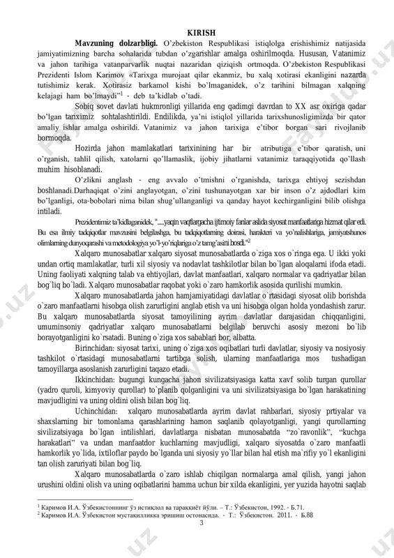 munosabatda “zo`ravonlik”, “kuchga harakatlari” va undan manfaatdor kuchlarning mavjudligi, xalqaro siyosatda o`zaro manfaatli hamkorlik yo`lida, ixtiloflar paydo bo`lganda uni siyosiy yo`llar bilan hal etish ma`rifiy yo`l ekanligini tan olish zaruriyati bilan bog`liq. xalqaro munosabatlarda o`zaro ishlab chiqilgan normalarga amal qilish, yangi jahon urushini oldini olish va uning oqibatlarini hamma uchun bir xilda ekanligini, yer yuzida hayotni saqlab 1 каримов и.а. ўзбекистоннинг ўз истиқлол ва тараққиёт йўли. – т.: ўзбекистон, 1992. - б.71. 2 каримов и.а. ўзбекистон мустақилликка эришиш остонасида. - т.: ўзбекистон. 2011. - б.88 4 qolish, insoniyat taqdiri bilan bog`liqmuammo ekanligini xalqaro siyosatda hisobga olgan holda munosabatda bo`lish zarurligi davlatlar, siyosiy partiyalar, tashkilotlar o`rtasida xalqaro munosabatlar doirasida o`zaro kuchlar nisbatan muvofiqlashtirgan holda siyosat yurgizishni taqozo etadi. davlatlar o`rtasidagi munosabatlarni “ kuchga tayangan holda” hal etish insoniyat boshiga og`ir musibatlarni keltirib chiqarish aniq. bunga insoniyat tarixida bo`lib o`tgan qonli urushlar misol bo`lib, buni har bir siyosatdon esdan chiqarmasligi zarur. xalqaro …
