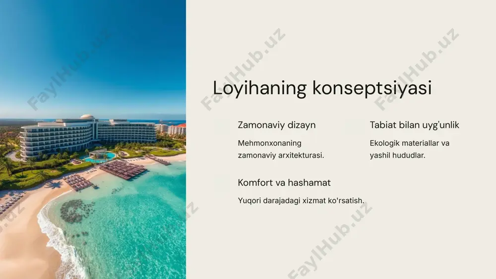 o‘rinishga ega bo‘lib, aerodinamik va geometrik shakllar ustunlik qiladi. panoramik oynalar mehmonxonaga tabiiy yorug‘lik tushishini ta’minlaydi va mehmonlarga ajoyib dengiz manzarasini taqdim etadi. ko‘p funksiyali led yoritish tizimi kechasi binoga futuristik ko‘rinish beradi. yashil texnologiyalar, jumladan quyosh panellari, yomg‘ir suvini yig‘ish tizimi va energiyani tejovchi texnologiyalar qo‘llanilgan. eksteryer infinity hovuz, palmalar va dam olish hududlari bilan to‘ldirilgan. marketing strategiyasi 30% target auditoriya ulushi 50% brending va pozitsiyalash 20% onlayn marketing 10 ichki dizayn va arxitektura lobbysi va qabulxona minimalist va texnologik dizayn asosida yaratilgan bo‘lib, keng va yorqin makonga ega. qabulxona shisha devorlar orqali tabiiy yorug‘lik bilan ta’minlanadi, mehmonlarni kutib olish uchun raqamli ekranlar va avtomatlashtirilgan xizmat tizimi o‘rnatilgan. ichki makonda beton, shisha va metall kombinatsiyasida ishlangan materiallar ishlatilgan, ranglar asosan oq, kulrang va qora ohanglarda. o‘rindiqlar va dam olish hududlari zamonaviy va qulay mebellar bilan jihozlangan. mehmonxona xonalari aqlli boshqaruv tizimi bilan jihozlangan bo‘lib, yoritish, harorat va pardalar mobil …