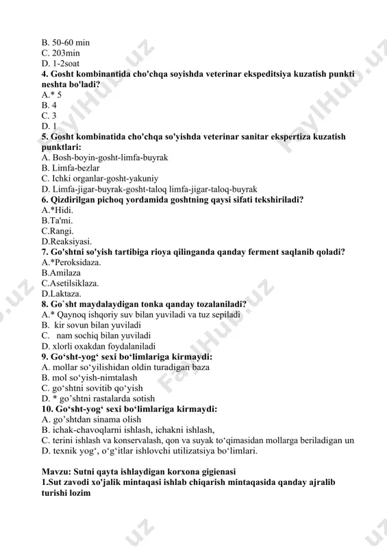 lan d.5 metr kenglikdagi yo'lak bilan 2.50 tonna maxsulot ishlab chiqaradigan sut zavodi va ishlab chiqarish mintaqasi orasidagi masofa qancha bo'lishi kerak? a.*25m b.50m c.70m d.100m 3. sut zavodi ish zonasidagi optimal harorat qancha? a.*17-19 c b.20-25 c c.30-32 c d.40-45 c 4. sut zavodi ish zonasida optimal harorat qancha? a.*17-19 daraja b.19-25 daraja c.20-25 daraja d.26-30 daraja 5. sut zavodida past haroratli surunkali pastepizatsiya qanday o'tkaziladi? a.*63-65 gradus 30 minut b.85-90 gradus 40 minut c.73-80 gradus 40 minut d.90-100 gradus 50 minut 6. sutning sifati tekshirilayotganida quyida keltirilgan tekshirishlardan qaysilari amalga oshiriladi? a.*sutning organoleptik hossalari, fizik, kimyoviy hossalari. b.sutning konsistensiyasi va mazasi. c.zichligi va hidi d.barchasi to'gri. 7. zamonaviy sut chorvachilik kompleksi— fermalar mexanizatsiyalashtirilgan yirik korxonalar bo‘lib, unda quyidagi qaysi binolar bo’lmaydi? a. bir necha yuz bosh sigir boqiladigan molxonalar, sut bloki, vakuum-nasosxona b. qozonxona, maishiy binolar, go‘ngxonalar, ildizmevalar ombori c. ozuqa tayyorlaydigan yemxonalar va boshqa binolar bo‘ladi d. …