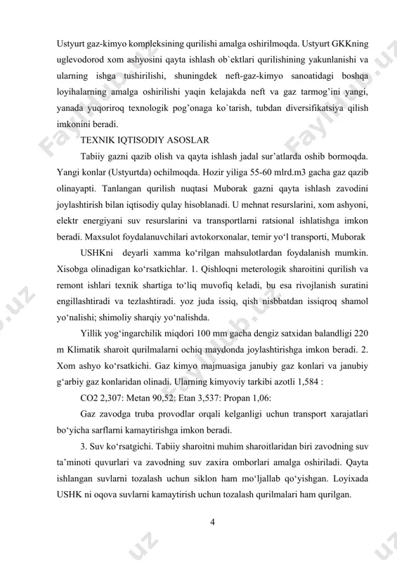 rilmalarni ochiq maydonda joylashtirishga imkon beradi. 2. xom ashyo ko‘rsatkichi. gaz kimyo majmuasiga janubiy gaz konlari va janubiy g‘arbiy gaz konlaridan olinadi. ularning kimyoviy tarkibi azotli 1,584 : co2 2,307: metan 90,52: etan 3,537: propan 1,06: gaz zavodga truba provodlar orqali kelganligi uchun transport xarajatlari bo‘yicha sarflarni kamaytirishga imkon beradi. 3. suv ko‘rsatgichi. tabiiy sharoitni muhim sharoitlaridan biri zavodning suv ta’minoti quvurlari va zavodning suv zaxira omborlari amalga oshiriladi. qayta ishlangan suvlarni tozalash uchun siklon ham mo‘ljallab qo‘yishgan. loyixada ushk ni oqova suvlarni kamaytirish uchun tozalash qurilmalari ham qurilgan. 4. energetik ko‘rsatgichi. gazni qayta ishlash bo‘yicha qurilma energiya sanoati xisoblanadi. jarayonni olib borish uchun kelayotgan miqdordagi issiqlik talab qilinadi. gazni ajratish kalonnalarda va toza oltingugurt olishda. ryaktor generatorlarda atm bosimiga ega. gazlarni aminlar bilan tozalash aminlar markazdagi azot atomini alkil radikallar bilan joylashish darajasiga qarab birlamchi monoetanol amin, diglikolamin; ikkilamchi – dietanolamin metildietanolamin va uchlamchilarga bo‘linadi. aminlar 3 tipdagi funksional …