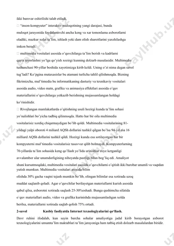s ettirishning turli qurilmalari,  muayyan vaqtdagi ish, o’z tabiatiga ko’ra statik bo’lgan matn va grafikadan farqli ravishda, audio va videosignallar faqat vaqtning ma’lum oralig’ida ko’rib chiqiladi. video va audio axborotlarni kompyuterda qayta ishlash va aks ettirish uchun markaziy prosessor tez xarakatchanligi, ma’lumotlarni uzatish shinasining o’tkazish qobiliyati operativ va video-xotira, katta sigimli tashqi xotira, xajm va kompyuter kirish-chiqish kanallari bo’yicha almashuvi tezligini taxminan ikki barovar oshirilishi talab etiladi,  “inson-kompyuter” interaktiv muloqotining yangi darajasi, bunda muloqot jarayonida foydalanuvchi ancha keng va xar tomonlama axborotlarni oladiki, mazkur xolat ta’lim, ishlash yoki dam olish sharoitlarini yaxshilashga imkon beradi.  multimedia vositalari asosida o’quvchilarga ta’lim berish va kadrlarni qayta tayorlashni yo’lga qo’yish xozirgi kunning dolzarb masalasidir. multimedia tushunchasi 90-yillar boshida xayotimizga kirib keldi. uning o’zi nima degan savol tug’ladi? ko’pgina mutaxasislar bu atamani turlicha tahlil qilishmoqda. bizning fikrimizcha, mul’timedia bu informatikaning dasturiy va texnikaviy vositalari asosida audio, video matn, grafika va animasiya effektlari …