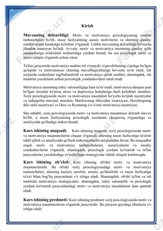 giyasida motiv va motivatsiya muammolarini chuqur o'rganish, ularning inson faoliyatiga ta'sirini tahlil qilish va amaliyotda qo'llash imkoniyatlarini aniqlashdan iborat. bu maqsadlar orqali motiv va motivatsiya tushunchalarini, nazariyalarini va amaliy yondashuvlarini o'rganish, shuningdek, psixologik yordam ko'rsatish va ta'lim jarayonlarini yaxshilashga yo'naltirilgan strategiyalar ishlab chiqish kutilmoqda. kurs ishining ob’ekti: kurs ishining ob'ekti motiv va motivatsiya muammolaridir. bu ob'ekt xorij psixologiyasidagi motiv va motivatsiya tushunchalari, ularning nazariy asoslari, amaliy qo'llanilishi va inson faoliyatiga ta'siri bilan bog'liq jarayonlarni o'z ichiga oladi. shuningdek, ob'ekt ta'lim va ish muhitida motivatsiya strategiyalari, shuningdek, ruhiy salomatlik va psixologik yordam ko'rsatish jarayonlaridagi motiv va motivatsiya masalalarini ham qamrab oladi. kurs ishining predmeti: kurs ishining predmeti xorij psixologiyasida motiv va motivatsiya muammolarini o'rganish jarayonidir. bu jarayon quyidagi jihatlarni o'z ichiga oladi: 1. motiv va motivatsiya tushunchalari: ushbu tushunchalarning psixologik asoslari va ularning o'zaro bog'liqligi. 2. nazariyalar: maslowning ehtiyojlar ierarxiyasi, herzbergning ikki omil nazariyasi va boshqa motivatsiya nazariyalarini o'rganish. 3. amaliy …