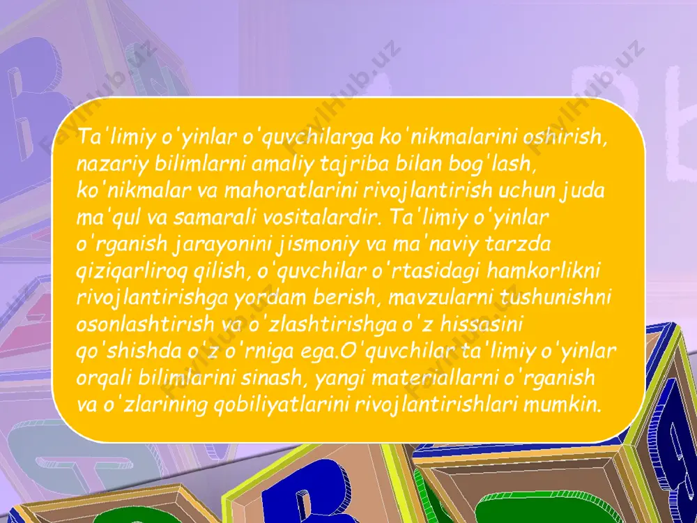 g’oliblarni rag’batlantirib borilsin; ijodiy o'yinlar: “shakllar harakatga kelganda” to’g’ri tenglikni top 36 : 5 = 4 5 + 7 = 12 5 + 7 = 15 у ● 8 x : 2 35 : 5 = 7