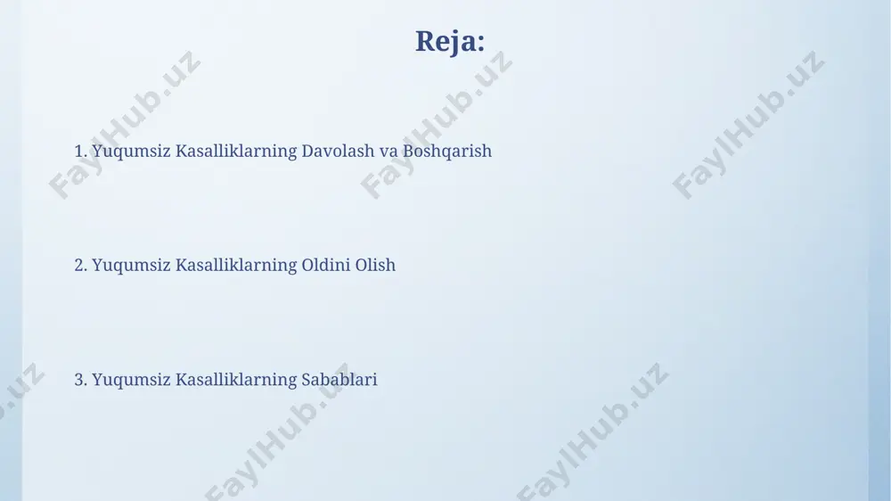 xavfi yuqori. o'zbekistonda saraton kasalliklari bilan kasallanish darajasi yildan-yilga o'sib bormoqda va bu muammoning oldini olish uchun keng ko'lamli profilaktika tadbirlari zarur. sog'lom turmush tarzini shakllantirish sog'lom turmush tarzini shakllantirishda jismoniy faollikning muhim ahamiyati bor, haftasiga kamida 150 daqiqa o'rtacha intensivlikdagi yoki 75 daqiqa yuqori intensivlikdagi mashqlar tavsiya etiladi, bu yurak-qon tomir kasalliklari xavfini 30% ga kamaytirishi mumkin. spirtli ichimliklarni iste'mol qilishni cheklash yoki butunlay tark etish, chekishni tashlash va stressni boshqarish orqali saraton kasalligi xavfini 20-40% gacha kamaytirish mumkin, bu sog'lom turmush tarzining muhim jihatlaridan biridir. surunkali o'pka kasalliklari surunkali obstruksiv o'pka kasalliklari (so'ok) bilan kasallanganlarning 90% dan ortig'i rivojlanayotgan mamlakatlarda yashaydi, bu esa sog'liqni saqlash tizimlariga katta yuk qo'yadi. chekish so'okning asosiy xavf omili hisoblanadi, lekin havo ifloslanishi, kasbiy chang va toksinlar ham kasallik rivojlanishiga hissa qo'shadi. davolash va reabilitatsiya diabet bilan og'rigan bemorlarning 80% gacha bo'lgan qismi to'g'ri ovqatlanish va muntazam jismoniy mashqlar orqali asoratlarni oldini olishga …