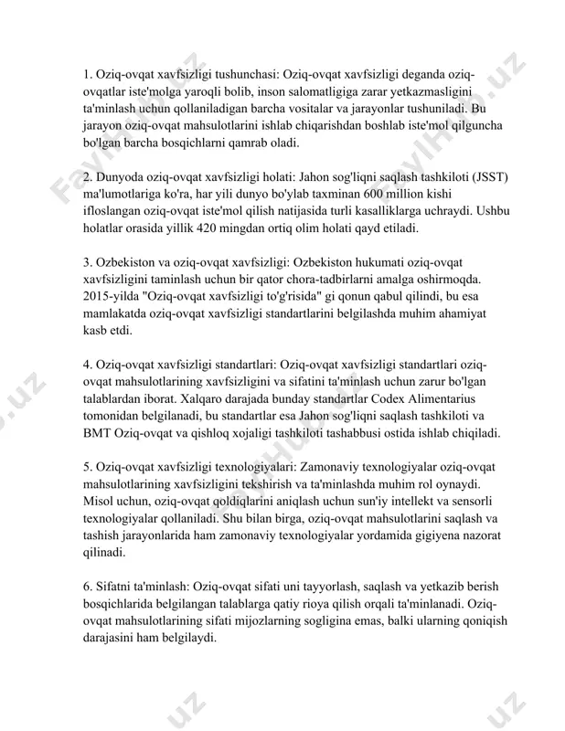 oziq-ovqat sifati uni tayyorlash, saqlash va yetkazib berish bosqichlarida belgilangan talablarga qatiy rioya qilish orqali ta'minlanadi. oziq-ovqat mahsulotlarining sifati mijozlarning sogligina emas, balki ularning qoniqish darajasini ham belgilaydi. 7. ta'minot zanjiri va xavfsizlik: oziq-ovqat xavfsizligini ta'minlashning muhim jihatlaridan biri ta'minot zanjirining har bir bosqichida qat'iy nazorat ornatishdir. ta'minot zanjirida mahsulotlar qay tarzda ishlab chiqariladi, saqlanadi va tashiladi - barchasi ozqiq-ovqat xavfsizligi doirasida ko'rib chiqiladi. 8. geografik va mintaqaviy farqlar: jahon oziq-ovqat agentliklari ma'lumotlariga ko'ra, oziq-ovqat xavfsizligi masalalari boyicha rivojlangan va rivojlanayotgan davlatlar o'rtasida ancha katta farqlar mavjud. rivojlanayotgan mamlakatlarda oziq-ovqat xavfsizligi bilan bogliq muammolar kopincha infrastrukturani rivojlantirishdagi yetishmovchiliklar sababli yuzaga keladi. shu kabi malumotlar va raqamlar oziq-ovqat xavfsizligini taminlash va sifatni oshirish masalasida hali ko'p ishlar qilish kerakligini ko'rsatadi. har bir davlat va xalqaro tashkilotlar bu yoldagi say-harakatlarini davom ettirib, oziq-ovqat xavfsizligini ta'minlash uchun zarur chora-tadbirlarni ishlab chiqishlari va oz vaqtida amalga oshirishlari lozim. 3. standartlashtirishning huquqiy asosi standartlashtirishning huquqiy …