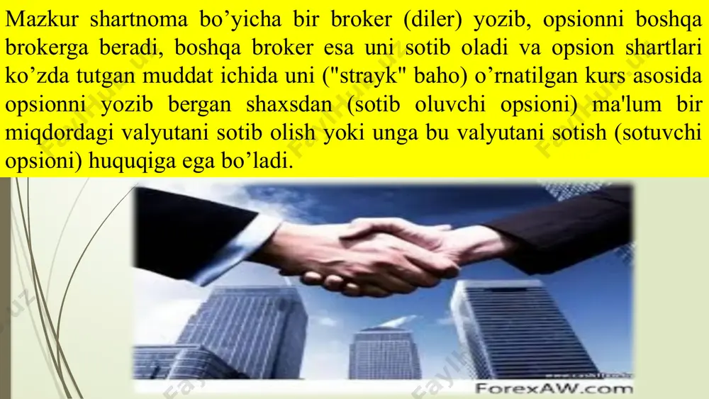 yoki kichikligiga "strayk" baho, valyuta kurslarining o’zgaruvchanligi, foiz stavkalari, valyuta bozoridagi talab va taklif miqdorlari ta'sir etadi. opsion shartnomalari. opsion shartnomalari bu shunday forvard shartnomalariki, ular tuzilganidan so’ng mijoz shartnomaning bajarilishini talab etishi mumkin: a) shartnoma tuzilgan sanadan boshlab, xohlagan kunda va kelgusidagi istagan sanasigacha; b) ikki sana orasidagi xohlagan muddatida, bu ikkala sana kelgusidagi sanalardir. mijoz valyuta sotilishining aniq muddatiga ega bo’lmasa, to’lov muddatini o’z ichiga oladigan, to’la oylarni qoplay oladigan opsion shartnomalari ishlatiladi. opsion shartnomaining qo’llanilishidan maqsad shundaki, forvard shartnomalarini yangilash yoki ularni bir necha kunga uzaytirish zaruratidan holis bo’lishdir. bu esa kunlik hisobda juda qimmatga tushishi mumkin. shuning uchun mijoz opsion shartnomaidan foydalangan holda hatto aniq muddatga ega bo’lmasa ham o’z valyuta xatarini qoplash imkoniga ega bo’ladi. masalan, bankimizning mijozi may oyining oxirigacha 40000 chf 10 aprelda to’lashi haqida biladi. u bank bilan 40000 chfni shu muddat ichida ya'ni masalan 10 avgustdan to 10 iyungacha unga sotish …