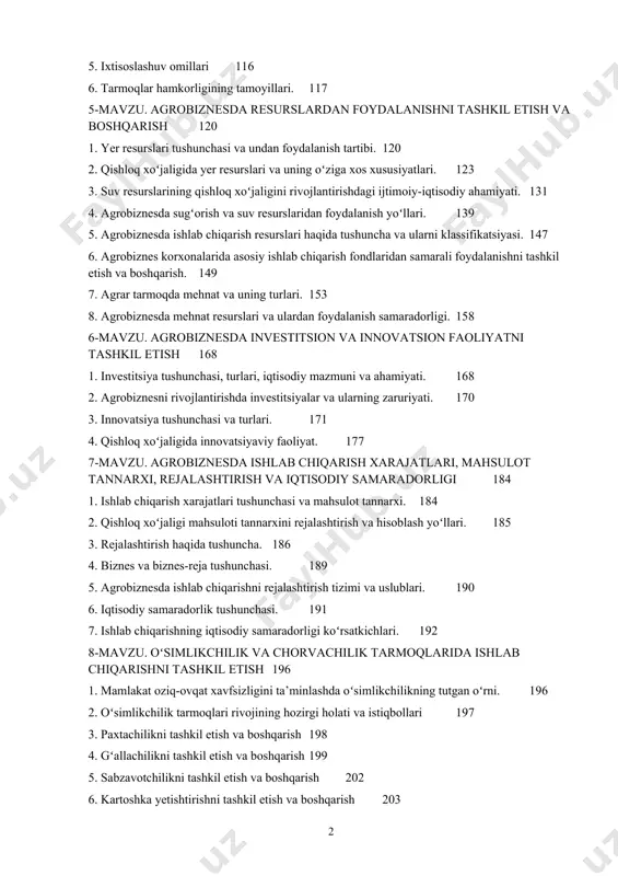 qlar hamkorligining tamoyillari. 1205-mavzu. agrobiznesda resurslardan foydalanishni tashkil etish va boshqarish 1201. yer resurslari tushunchasi va undan foydalanish tartibi. 1232. qishloq xoʻjaligida yer resurslari va uning oʻziga xos xususiyatlari. 1313. suv resurslarining qishloq xoʻjaligini rivojlantirishdagi ijtimoiy-iqtisodiy ahamiyati. 1394. agrobiznesda sugʻorish va suv resurslaridan foydalanish yoʻllari. 1475. agrobiznesda ishlab chiqarish resurslari haqida tushuncha va ularni klassifikatsiyasi. 1496. agrobiznes korxonalarida asosiy ishlab chiqarish fondlaridan samarali foydalanishni tashkil etish va boshqarish. 1537. agrar tarmoqda mehnat va uning turlari. 1588. agrobiznesda mehnat resurslari va ulardan foydalanish samaradorligi. 1686-mavzu. agrobiznesda investitsion va innovatsion faoliyatni tashkil etish 1681. investitsiya tushunchasi, turlari, iqtisodiy mazmuni va ahamiyati. 1702. agrobiznesni rivojlantirishda investitsiyalar va ularning zaruriyati. 1713. innovatsiya tushunchasi va turlari. 1764. qishloq xoʻjaligida innovatsiyaviy faoliyat. 1847-mavzu. agrobiznesda ishlab chiqarish xarajatlari, mahsulot tannarxi, rejalashtirish va iqtisodiy samaradorligi 1841. ishlab chiqarish xarajatlari tushunchasi va mahsulot tannarxi. 1852. qishloq xoʻjaligi mahsuloti tannarxini rejalashtirish va hisoblash yoʻllari. 1863. rejalashtirish haqida tushuncha. 1884. biznes …