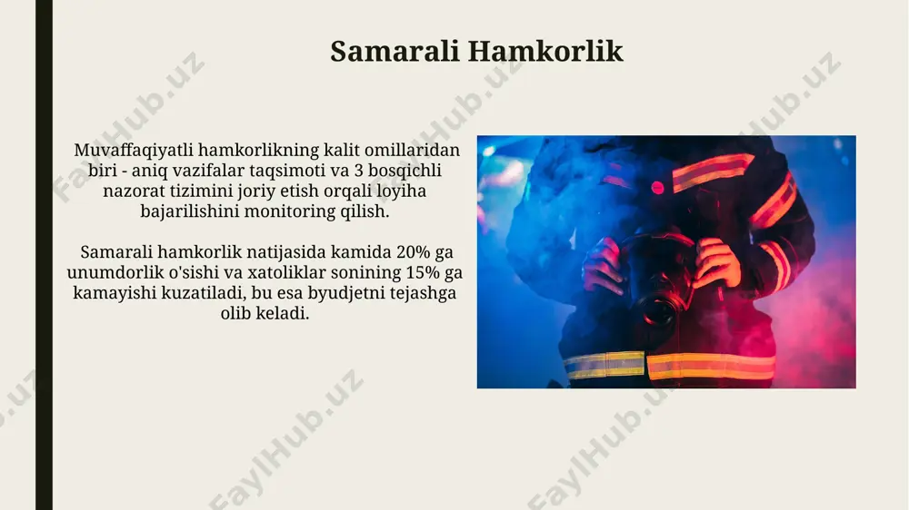 ibatlarini anglash, 2) majburiyatlaringizni bajarishga intilish va 3) qarorlar qabul qilishda mustaqillikni namoyon etishdan iborat. shaxsiy mas'uliyatli shaxs, o'z vazifalarini 90% dan yuqori darajada bajarishga intiladi va natijalarga erishish uchun 2-3 ta strategiyani qo'llaydi, muvaffaqiyatsizliklarni tahlil qiladi va xatolaridan saboq oladi. muammolarning oldini olish risklarni baholash matritsasi yordamida 5 ta asosiy xavf omili aniqlangan bo'lsa, ularning oldini olish bo'yicha 7 ta aniq chora-tadbirlar rejasini ishlab chiqish zarur. muammolarni oldini olishda proaktiv yondashuv 30% ga xatoliklarni kamaytiradi va 15% ga ish samaradorligini oshiradi, shu bilan birga xarajatlarni sezilarli darajada tejaydi. e'tiboringiz uchun rahmat @taqdimot_robot image1.jpg image2.jpg image3.jpg image4.jpg image5.jpg image6.jpg image7.jpg image8.jpg image9.jpg image10.jpg image11.jpg image12.jpg