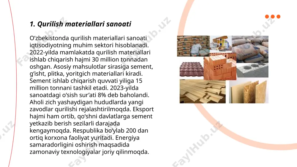 hi, hamda kamida 1,5 metr masofada ishlov berilishi lozim. qurilish asbob-uskunalarining tahlili muntazam ravishda o'tkazilishi lozim, va buzilishlar aniqlanganda darhol tuzatilishi kerak. ... t.me/slaydai_bot qurilishda ekologik ta'sir qurilish materiallari, yer resurslari va energiya iste'molidan kelib chiqadi. qurilishda ko'p miqdorda sement, po'lat va boshqa resurslar ishlatiladi, bu esa karbonat angidrid (co2) ajralishi bilan bog'liq. barcha co2 chiqindilarining taxminan 8% qurilish sanoati hissasiga to'g'ri keladi. qurilish chiqindilari jami qattiq chiqindilarning 30-40% ni tashkil qiladi. suv resurslarining sezilarli qismini qurilish sohasida foydalanish sababli ayrim hududlarda suv tanqisligi yanada kuchayishi mumkin. samarali qurilish materiallari va uslublari yordamida ushbu ekologik ta'sirlarni kamaytirish mumkin. texnologik yechimlar yordamida energiya sarfini 30-50% kamaytirish imkoniyati mavjud. ... t.me/slaydai_bot 7. qurilish iqtisodiyotini rivojlantirish strategiyalari qurilish iqtisodiyotini rivojlantirish strategiyalari o‘zbekiston iqtisodiy o‘sishi uchun muhim ahamiyatga ega. 2023 yilga kelib, qurilish sohasi mamlakat yaimining 10% ni tashkil etdi. barkamol strategiyalar yirik infratuzilma loyihalarini qo‘llab-quvvatlashga qaratilgan bo‘lib, ularga 2025 yilga qadar 15 milliard …
