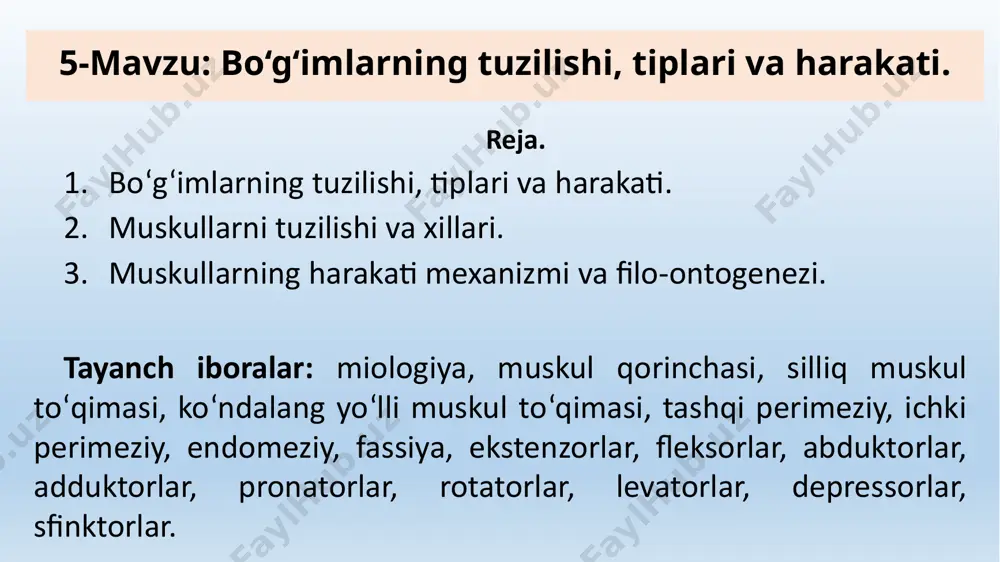 alaridan impuls keladi. muskul to‘qimasi doimiy ravishda taranglashgan holatda bo‘lib, bu muskul tonusi deb yuritiladi. muskul tonusi hayvon xavotirli, qo‘rquv holatda bo‘lganda ortsa, dam olayotganda yoki uxlayotgan vaqtda susayadi. barcha muskullarning qorinchasi hamda suyaklarga birikib turadigan uchlari bo‘ladi. skelet muskullari tashqi tomonda bitta yirik tolaga birikib o‘q hosil qiladi va bu muskullar tananing boshqa qismiga nisbatan harakatni amalga oshiradi. bunga oyoq muskullari misol bo‘ladi. ichki tomonda esa muskul tutami ikki uchiga birlashgan bo‘lib, bu muskullar oyoqning ma’lum belgilangan qismini harakatga keltiradi. tananing har bir sohasida hayvonning norma funksiya ko‘rsatishi uchun ma’lum bir harakat tipini amalga oshiruvchi muskullar guruhi joylashadi. ko‘ndalang – targ‘il muskullar ko‘rinishidan yumshoq va to‘q qizil rangli bo‘ladi. ularning tanada qancha bo‘lishi hayvonlarning zotiga, yoshiga, sog‘lomligiga, yashash sharoitiga bog‘liq. r.shmals ma’lumotiga ko‘ra, tirik vazni 456 kg bo‘lgan otning hamma skelet muskullari 47,4 % ga yaqin bo‘ladi. muskullar sistemasi muskul ishi vaqtida transformatorlik vazifasini bajarib, moddalar almashinuvi natijasida hosil …