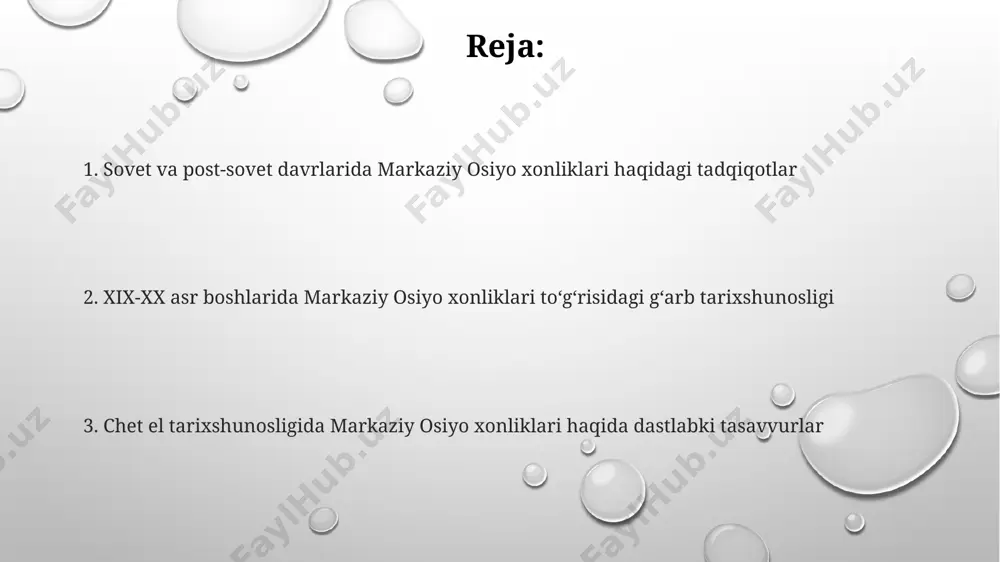 ʻrtasidagi chegaraviy nizolar, 10 dan ortiq yirik harbiy toʻqnashuvlarga va orol dengizi hududlari uchun kurashga olib kelgan. 19-asrning ikkinchi yarmi va 20-asr boshlarida yozilgan asarlar 19-asrning ikkinchi yarmida rossiya imperiyasi tomonidan yozilgan ba'zi geografik va etnografik asarlarda o'zbek xonliklari haqida noaniq, ba'zan esa noto'g'ri ma'lumotlar, 20 dan ortiq xaritalarda esa ularning chegaralari aniq emas holda tasvirlangan. 20-asr boshlarida chop etilgan ba'zi sayohatnomalar va ekspeditsiya hisobotlarida xonliklarning siyosiy tuzumiga, 10 ga yaqin qabila va urug'larga bo'lingan ijtimoiy tuzilmasiga oid qisman bir tomonlama tahlillar mavjud. 1900-yillar atrofida yozilgan ba'zi g'arbiy tadqiqotlarda, jumladan, 5 dan ortiq monografiyalarda, xonliklarning iqtisodiyoti va savdo aloqalari, asosan, rossiya imperiyasi bilan bo'lgan munosabatlar orqali talqin qilingan. iqtisodiy va ijtimoiy tarixga oid xorijiy manbalar rossiyalik tadqiqotchilardan 19-asr oxiri va 20-asr boshlarida yozilgan asarlarda, qo'qon xonligi aholisining ijtimoiy tuzilishi va sinfiy farqlanishlari batafsil tahlil qilingan. 18-asrga oid chet el sayyohlarining yozuvlarida, xiva xonligining savdo-sotiq aloqalari va yirik shaharlarining demografik ko'rsatkichlari …
