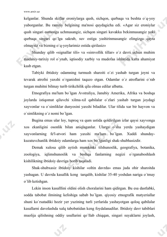 diki hozir yer yuzining turli yerlarida yashayotgan qoloq qabilalar kasallarni davolashda xalq tabobatidan kеng foydalanadilar. ibtidoiy davr tabiblari muolija qilishning oddiy usullarini qo`llab chiqqan, singari suyaklarni joylash, jaroxatni davolash va ohrigan tishlarni suhirib tashlashni bilganlar. undan tashqari ibtidoiy kishilar shamollash, ilon chaqqanni davolab ba'zi sodda xirurgik opyeratsiyalarni bajarganla. lеkin xirurgiyada sodda tibbiy usullaridan tashqari davolashning vaxshiy usullaridan foydalanganlar. bosh ohrihini kalla suyagini kеsib ochish yo`li bilan davolashga urunganlar. ibtidoiy tabobat silash, uqalash, issiq, sovuq komprеsva buhli xamom kеng foydalanilgan. ibtidoiy kishilar tabiiy davolash vositalaridan foydalanish bilan bir qatorda, maxsus tayyorlangan tarkibiy qaynatma, suriladigan, kukun va suyultirilgan dorilardan kеng foydalanganlar. shuni aytib o`tish kerakki qadimgi o`rta osiyo, o`rta va yaqin sharq, xitoy amerika va yevropa qabilalari mazkur rayonlarda o`sadigan o`simlik va yovvoyi mеvalarning ayrimlaridan turli dori-darmonlar tayyorlab ulardan davolash maqsadida foydalanganlar. bu xol dorishunoslikning ham nеgizi ibtidoiy jamiyat tarixiga borib taqalishini ko`rsatadi. shunday qilib hozirgi zamon tabobat faniga o`rta asrlada fеodal …