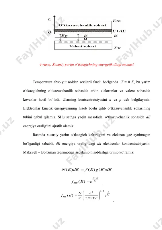 tkazgichlarda elektron yoki kovak gazlari aynimagan gazlardir va ularning holatlar bo‘yicha taqsimlanishi maksvell–boltsman klassik statistikasi bilan ifodalanadi. bundan yarim o‘tkazgichlarda erkin zaryad tashuvchilar kontsentratsiyasi fermi sathi va temperaturaga bog‘liqdir. 4-rasm. xususiy yarim o‘tkazgichning energetik diagrammasi temperatura absolyut noldan sezilarli farqli bo‘lganda t = 0 k, bu yarim o‘tkazgichning o‘tkazuvchanlik sohasida erkin elektronlar va valent sohasida kovaklar hosil bo‘ladi. ularning kontsentratsiyasini n va p deb belgilaymiz. elektronlar kinetik energiyasining hisob boshi qilib o‘tkazuvchanlik sohasining tubini qabul qilamiz. shu sathga yaqin masofada, o‘tkazuvchanlik sohasida de energiya oralig‘ini ajratib olamiz. rasmda xususiy yarim o‘tkazgich keltirilgani va elektron gaz aynimagan bo‘lganligi sababli, de energiya oralig‘idagi dn elektronlar kontsentratsiyasini maksvell – boltsman taqsimotiga asoslanib hisoblashga urinib ko‘ramiz: , , , aynimagan yarim o‘tkazgichlarda m – manfiy qiymatga ega bo‘ladi va fermi sathi o‘tkazuvchanlik sohasining tubidan pastda joylashadi. o‘tkazuvchanlik sohasidan fermi sathigacha bo‘lgan energetik masofani m va valent sohasi shipidan bu sathgacha bo‘lgan energetik masofani m …