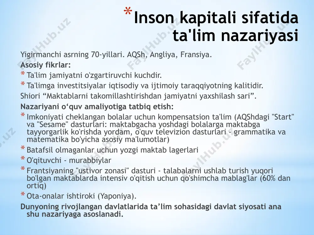 tematika. tabiiy + gumanitar fanlar. 16 kasbiylashtirish, mehnat ta'limi dasturlarini kengaytirish mehnat ta'limi doirasida kengroq asosiy ta'lim. nufuzli mutaxassisliklar: yozgi uy qurilishi, avtomobillarni ta'mirlash, kompyuter yig'ish. boshlang'ich maktab - iqtisodiyot va ishlab chiqarish haqida umumiy tushunchalar, kasblar haqida ma'lumot. asosiy maktab - oldindan tayyorgarlik. oʻrta maktab – maxsus umumtaʼlim muassasalari: texnikum (aqsh, yaponiya), texnik litsey (frantsiya), zamonaviy maktab (buyuk britaniya), oʻrta maktab (germaniya). kompaniyalar, korxonalar, do'konlarda amaliyot o'tash. kasbga yo'naltirish bo'yicha darslar. 17 ta'limning differentsiatsiyasi differentsiatsiya muammosi ijtimoiy tanlanish muammosi bilan bog'liq. boshlang'ich maktab birlashgan. asosiy maktabda differensiatsiya tanlov kurslari orqali boshlanadi. o'rta maktab (yuqori bosqich) butunlay farqlanadi. misol uchun, frantsiyada o'rta maktab uchun uchta variant mavjud: umumiy ta'lim litseyi (3 yil), texnik litsey (2 yil), kasb-hunar maktabi (1 yil). litsey ta’limi doirasida bir necha asosiy dastur modullari mavjud: falsafa-adabiyot, iqtisod-sotsiologiya, matematika-fizika, matematika-tabiatshunoslik, matematika-texnologiya. 18 har xil turdagi maktablar boshlang'ich va o'rta ta'lim o'rtasidagi oraliq ta'lim muassasalari (11-12 yosh - …