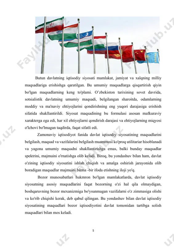 b ketishining oldini olish uchun ham muhimdir. iqtisodiyoti yuksalayotgan yoki o'sishi kutilayotgan mamlakatlarda siyosat maqsadlari o'sish darajasi bilan o'lchanadigan iqtisodiy o'sish maqsadiga aylanadi. ijtimoiy yo'naltirilgan bozor iqtisodiyotiga ega mamlakatlar uchun davlat iqtisodiy siyosatining ijtimoiy maqsadlarini ajratib ko'rsatish xarakterlidir. bunday maqsadlar ko'p jihatdan iqtisodiy maqsadlar bilan birlashadi va ma'lum darajada ularga hamroh bo'ladi. davlat siyosatining ijtimoiy maqsadlarining rivojlanishi va ularning iqtisodiy maqsadlar bilan bog'lanishi aqsh, germaniya kabi mamlakatlarga xosdir, bu ma'lum darajada boshqa barcha mamlakatlarga xosdir. davlat iqtisodiy siyosatining eng keng tarqalgan ijtimoiy maqsadlariga iqtisodiy erkinlik va iqtisodiy adolat kiradi. iqtisodiy erkinlik deganda xo'jalik va tadbirkorlik faoliyatining shakllari va turlarini tanlash erkinligi, o'z mablag'larini taqsimlash va ishlatish, mulkni sotib olish va sotish, bozor xatti -harakati, kasaba uyushmalarida qatnashish va ish tashlashlar tushuniladi. davlat alohida sub'ektlarning iqtisodiy erkinligini cheklash siyosatini yuritishga qodir iqtisodiy faoliyat hatto bozor iqtisodiyoti sharoitida ham. shunday qilib, davlat iqtisodiy siyosatining maqsadi sifatida iqtisodiy erkinlik haqida gapirganda, anarxiya bilan …