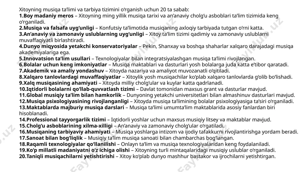 lg‘u asboblari (pipa, erhu, pianino, skripka) bilan tanishtiriladi. xor va vokal mashg‘ulotlari – talabalar qo‘shiq kuylash va ovoz nazorati bo‘yicha saboq olishadi. madaniy bilimlar – xitoy va jahon musiqasi tarixi o‘rganiladi, mashhur kompozitorlar va musiqiy oqimlar haqida ma’lumot beriladi. majburiy musiqa ta’limi barcha o‘quvchilar uchun umumiy bo‘lib, musiqa san’atiga qiziqish uyg‘otish va estetik didni shakllantirishga qaratilgan. ixtiyoriy musiqa ta’limi ixtiyoriy musiqa ta’limi esa maxsus qobiliyat va qiziqish bildirgan o‘quvchilar uchun mo‘ljallangan bo‘lib, quyidagi shakllarda amalga oshiriladi: ixtisoslashgan musiqa maktablari – iqtidorli bolalar maxsus musiqiy ta’lim muassasalariga yo‘naltiriladi. xususiy darslar va to‘garaklar – o‘quvchilar maktabdan tashqari xususiy o‘qituvchilar yoki musiqa markazlarida dars olishadi. konservatoriya va universitetlar – oliy ta’lim darajasida musiqa bo‘yicha professional kadrlar tayyorlanadi. xalqaro tanlov va festivallar – iqtidorli yoshlar xalqaro sahnaga chiqish uchun tayyorgarlik ko‘radi. ixtiyoriy musiqa ta’limi, asosan, professional musiqachilar, bastakorlar va o‘qituvchilarni yetishtirishga qaratilgan bo‘lib, yuqori darajadagi ijrochilik, texnik mahorat va nazariy bilimlarni chuqur o‘rganish imkonini …