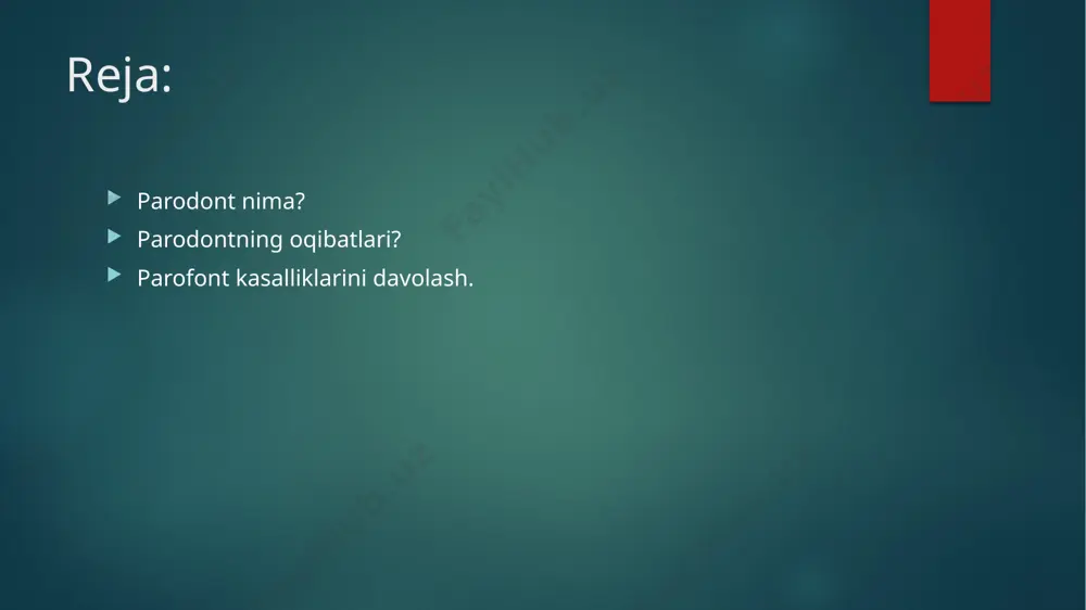 urma yassilashadi. bu holda perkussiya kuchsiz og‘riqli bo‘lib palpatsiya keskin og‘riqga aylanadi. periodontitning bu turida bemor sababchi tish atrofida yoqimsiz sezgi, qichishish, tishga bosganda kuchsiz og‘riqni sezishi mumkin. og‘riqli sezgilar doimiy emas. kasal tish atrofidagi milk qizarib, shishadi va yiringli ekssudatli oqma hosil bo‘lib granulyatsiyalar paydo bo‘ladi. tishning toj qismi rangi o‘zgargan, tukillatib ko‘rilganda og‘riqsiz yoki kuchsiz og‘riqli bo‘ladi. zondlanganda tish bo‘shlig‘i ochiq, og‘riqli. tish atrofi to‘qimalar palpatsiyasi og‘riqli. iyak osti va jag‘ osti limfa tugunlarini shishishi ham kuzatilishi mumkin. qolgan surunkali periodontitlarga nisbatan granulatsiyalanuvchi periodontitning o‘tkirlashuvi sodir bo‘lib turadi. rentgenogrammada ildiz uchida suyak to‘qimasining notekis so‘rilishi kuzatiladi. surunkali granulematoz periodontitda ko‘pincha og‘riqlar bo‘lmaydi, lekin o‘qtin-o‘qtin yallig‘lanish jarayonining o‘tkirlashuvi sodir bo‘lib turadi. tish atrofidagi shilliq parda o‘zgarishsiz, ayrim hollarda ozgina qizargan bo‘ladi. tish qimirlamaydi, perkussiya, palpatsiya, zondlash og‘riqsiz bo‘ladi. tashxis rentgenogramma asosida aniqlanadi. rentgenogrammada ildiz uchida suyak to‘qimasining 0,5 mm dan kichik, tekis, aniq chegaralangan so‘rilishi kuzatiladi. agar ildiz uchidagi …