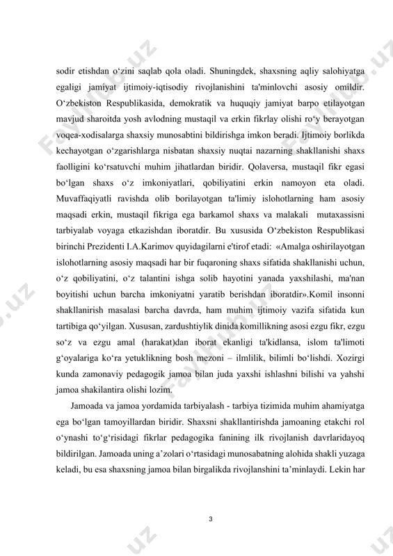 ibiga qo‘yilgan. xususan, zardushtiylik dinida komillikning asosi ezgu fikr, ezgu so‘z va ezgu amal (harakat)dan iborat ekanligi ta'kidlansa, islom ta'limoti g‘oyalariga ko‘ra yetuklikning bosh mezoni – ilmlilik, bilimli bo‘lishdi. xozirgi kunda zamonaviy pedagogik jamoa bilan juda yaxshi ishlashni bilishi va yahshi jamoa shakilantira olishi lozim. [1: o’zbekiston respublikasining “ ta’lim to’g’risida”gi qonun. barkamol avlod – o’zbekiston taraqqiyotining poydevor. t.:sharq,2020y ] jamoada va jamoa yordamida tarbiyalash - tarbiya tizimida muhim ahamiyatga ega bo‘lgan tamoyillardan biridir. shaxsni shakllantirishda jamoaning etakchi rol o‘ynashi to‘g‘risidagi fikrlar pedagogika fanining ilk rivojlanish davrlaridayoq bildirilgan. jamoada uning a’zolari o‘rtasidagi munosabatning alohida shakli yuzaga keladi, bu esa shaxsning jamoa bilan birgalikda rivojlanshini ta’minlaydi. lekin har qanday guruhni ham jamoa deb hisoblab bo‘lmaydi. jamoa bir qator belgilarga egadirki, mazkur belgilar jamoani kishilarning etarli darajada uyushgan har qanday guruhdan ajratib turadi. o’zbekiston pespublikasi mustaqillikka erishgandan so’ng kelajagimiz vorisi bo’lgan yoshlar tarbiyasiga katta e’tibor qaratildi.[footnoteref:2] darhaqiqat , yosh avlod ma’naviy tarbiyasi …