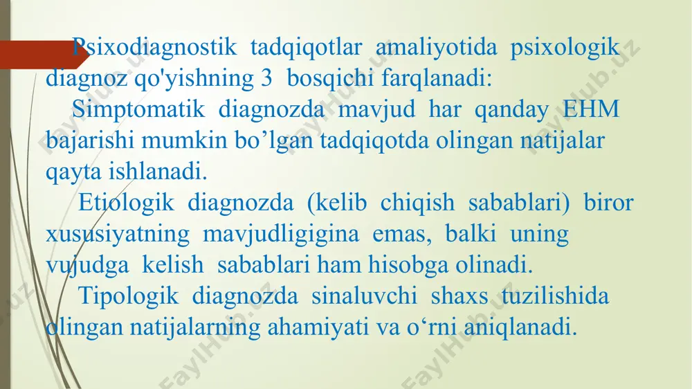 hidagi kechikishlarni aniqlashga qaratilgan bo‗ladi. harakat rivojlanishida kechikish mavjudligi keyinchalik bolaning barcha psixik taraqqiyotida kechikish sodir bo‗lishining ob'ektiv zamini sifatida qaralishi kerak. shu bilan birga, erta yurgan bola o‗z tengdoshlarini barcha tomondan qoldirib ketadi, deb faraz qilish ham xatodir. bola hayotining dastlabki ikki yilidagi umumiy jismoniy taraqqiyot bolaning keyingi aqliy taraqqiyotini belgilamaydi kattaroq bolalarni tekshirishda konkret psixologik metodikalardan foydalanish mumkin. chunki xuddi shu davrdan boshlab, so‗zli topshiriqlarni bajarish bo‗yicha yo‗l-yo‗riqlarni tushuna boshlaydi, unda zarur shaxsiy sifatlar shakllangan, bilishga qiziqish rivojlangan, u kattalar bilan birga eksperimental psixologik tadqiqotlarda nisbatan uzoqroq ishtirok etish holatida bo‗ladi. segen doskasi bu metodika oligofrenopedagogika asoschilaridan biri e.segen tomonidan ishlab chiqilgan bo‗lib, bolaning shakllarni farqlash qobiliyatini aniqlashga, motorika xususiyatlarini o‗rganishga qaratilgan. qattiq qog‗oz kartonga figuralar chiziladi. bu metodika juda sodda bo‗lib, 3 yoshdan katta bolalarni tekshirishda foydalanish mumkin. bolalar figuralarni o‗yin deb qabul qilib, bu topshiriqlarni qiziqib bajaradilar. p'eron- ruzer metodikasi metodika qurish-yasash xususiyatlari, maqsadga yo‗nalgan ko‗nikmalarni …