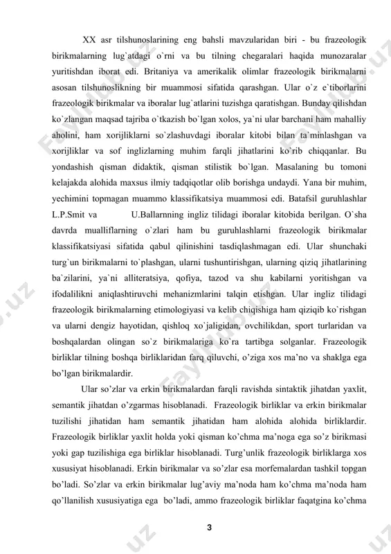 so’zlovchi va tinglovchiga tushunarli bo’ladi. frazeologizmlar tarixiy jihatdan tayyor, turg’un va yaxlit xolda berilgan bo’ladi. ammo u tilda birdan hosil bo’lmasdan, ko’p qo’llanilishi va barcha tomonidan tushunarli bo’lishi natijasida turg’unlashadi. mana shu xususiyati bilan u tilning milliy va ma’daniy xususiyatlari bilan bir qatorda millatning tarixini ham o’zida mujassamlashtiradi. frazeologik birliklar nutqni yanada ta’sirchan va ifodali bolishiga xizmat qiladi. ular faqat nutqni bezamasdan, boshqa til birliklari kabi yuqori informativ xususiyatga ega tilda nominativ va kommunikativ funksiya bajaruvchi birliklardir. frazeologizmlar unversal til vositalari hisoblanib, ularsiz til mavjud emas. kurs ishining maqsad va vazifalari: frazeologik birliklar va ularning shakllanish etimologiyasi haqidagi ma’lumotlarni umumlashtirish va qisqacha tavsiflash. frazeologizmlarining o'zbek tilidagi o'rnini o’rganish va tahlil qilish. kurs ishi ob’yekti va predmeti: frazeologik birliklar va ularning shakllanish etimologiyasi. frazeologiya haqida umumiy ma’lumot.maqol, matal va idiomalar frazeologik birlik sifatida. o‘zbek tili frazeologizmlarining o‘rganilish tarixi. kurs ishning tadqiqot uslubi va uslubiyoti: ilmiy ommabop manbalardan to’plangan ma’lumotlar tahlil qilib,xulosa …