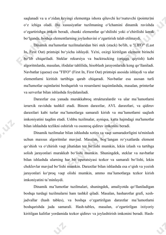 mentlar qo‘shilishi yoki o‘chirilishi kerak bo‘lganda, boshqa elementlarning joylashuvini o‘zgartirish talab etilmaydi. dinamik ma'lumotlar tuzilmalaridan biri stek (stack) bo'lib, u "lifo" (last in, first out) printsipi bo‘yicha ishlaydi. ya'ni, oxirgi kiritilgan element birinchi bo‘lib chiqariladi. steklar rekursiya va backtracking (orqaga qaytish) kabi algoritmlarda, masalan, ifodalar tahlilida, hisoblash jarayonlarida keng qo‘llaniladi. navbatlar (queue) esa "fifo" (first in, first out) printsipi asosida ishlaydi va ular elementlarni kiritish tartibiga qarab chiqaradi. navbatlar esa asosan turli ma'lumotlar oqimlarini boshqarish va resurslarni taqsimlashda, masalan, printerlar va serverlar bilan ishlashda foydalaniladi. daraxtlar esa yanada murakkabroq strukturalardir va ular ma’lumotlarni ierarxik ravishda tashkil etadi. binom daraxtlar, avl daraxtlari, va qidiruv daraxtlari kabi turlar ma’lumotlarga samarali kirish va ma’lumotlarni saqlash imkoniyatini taqdim etadi. ushbu tuzilmalar, ayniqsa, katta hajmdagi ma'lumotlar bilan ishlashda tezlikni oshirish va osonroq qidiruv imkonini beradi. dinamik tuzilmalar bilan ishlashda xotira va vaqt samaradorligini ta'minlash uchun maxsus algoritmlar mavjud. masalan, bog‘langan ro‘yxatlarda element qo‘shish va o‘chirish …