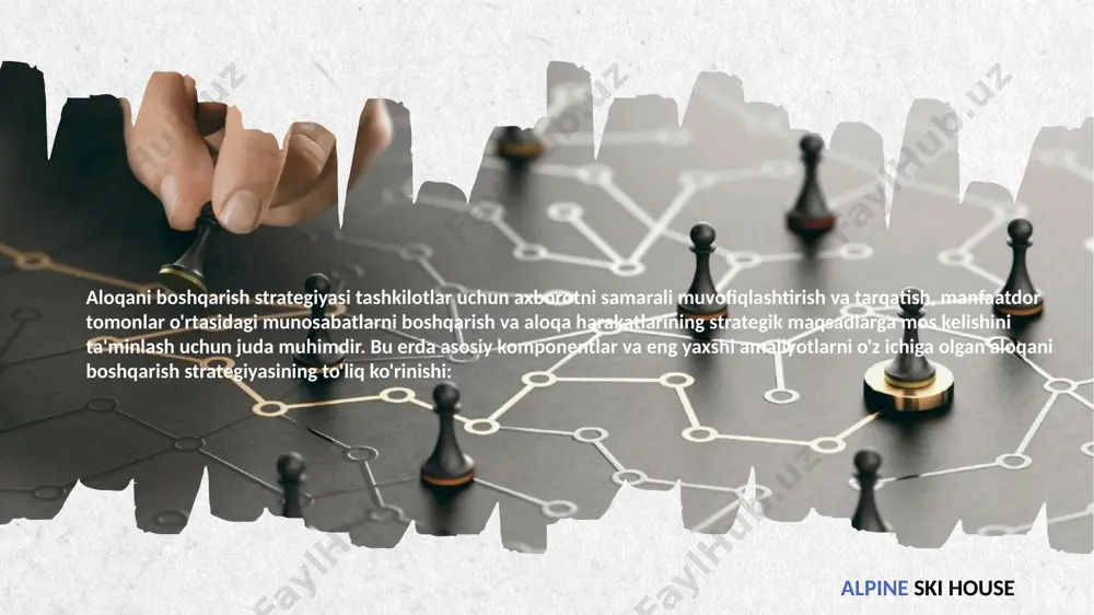 hi kerak. potentsial aloqa inqirozlarini samarali boshqarish uchun inqirozli aloqa rejasini tuzing. bunga tezkor javob berish uchun oldindan belgilangan protokollar, asosiy xabarlar, tayinlangan matbuot kotiblari va inqiroz vaqtida manfaatdor tomonlarni jalb qilish strategiyalari kiradi. alpine ski house © copyright showeet.com – free powerpoint templates qayta aloqa mexanizmlari aloqa harakatlarining samaradorligini baholash va kerakli tuzatishlar kiritish uchun manfaatdor tomonlardan fikr-mulohazalarni yig'ish va tahlil qilish tizimlarini joriy etish. monitoring va baholash aloqa faoliyatini muntazam ravishda kuzatib boring va ularning belgilangan maqsadlarga ta'sirini baholang. ishtirok etish darajasi, ommaviy axborot vositalarini yoritish, ichki aloqa samaradorligi va manfaatdor tomonlarning qoniqishi kabi ko'rsatkichlar va kpilardan foydalaning. alpine ski house alpine ski house © copyright showeet.com – free powerpoint templates muloqotni samarali boshqarish uchun eng yaxshi amaliyotlar aniqlik va izchillik turli kanallar va manfaatdor tomonlar guruhlari bo‘yicha barcha kommunikatsiyalar aniq, ixcham va izchil bo‘lishini ta’minlang. bu ishonchni mustahkamlashga yordam beradi va tashkilot xabarini mustahkamlaydi. shaffoflik va halollik …
