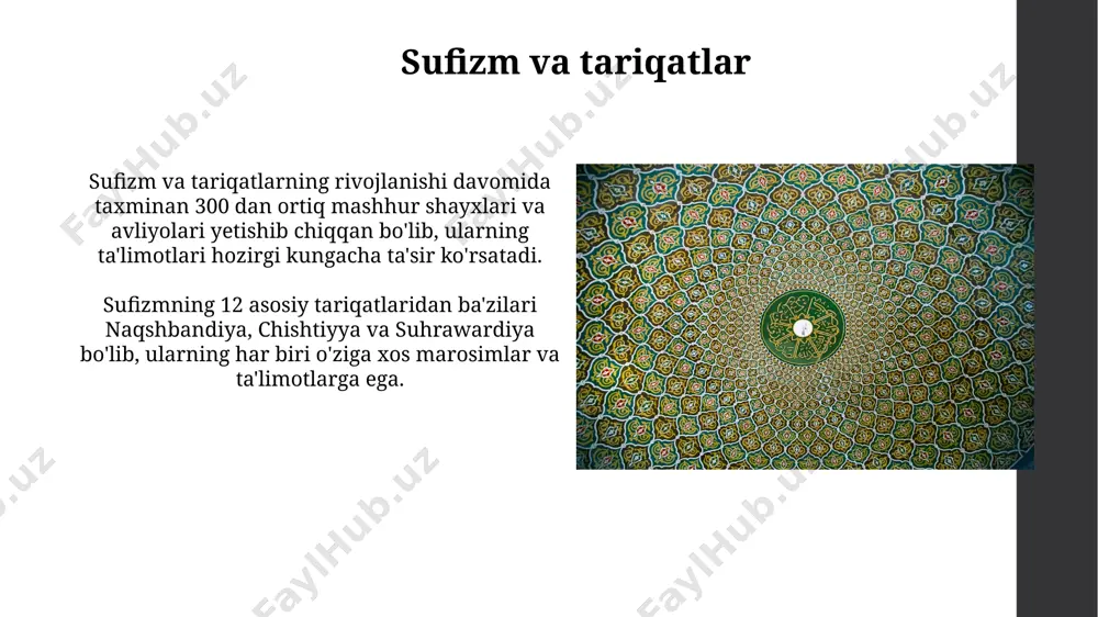 ilan tanilgan bo‘lib, fiqh, tasavvuf va falsafa fanlariga katta hissa qo‘shgan, 400 dan ortiq kitob yozgan. sufizmning zamonaviy davrdagi rivojlanishi zamonaviy davrda sufizmning 100 dan ortiq turli tariqatlari mavjud bo'lib, ularning har biri o'ziga xos xususiyatlarga va ta'lim usullariga ega. 20-asrning ikkinchi yarmidan boshlab, sufizmning g'arb mamlakatlariga tarqalishi kuchayib, ko'plab markazlar va tashkilotlar tashkil etildi. sufizm tushunchasi va mohiyati sufizmning asosiy maqsadi, insonni oʻz-oʻzini anglash va alloh bilan birlashishga erishish orqali, 3 bosqichli poklanish va kamolga erishish jarayonidan oʻtkazishdan iborat. sufizm, 7-asrda paydo boʻlib, islomning asosiy tamoyillarini, yaʼni tavhid va muhabbatni, insonning ichki dunyosiga chuqur eʼtibor qaratib, tarbiyalash yoʻli orqali amalga oshirishga qaratilgan. e'tiboringiz uchun rahmat @taqdimot_robot image1.jpg image2.jpg image3.jpg image4.jpg image5.jpg image6.jpg image7.jpg image8.jpg image9.jpg image10.jpg image11.jpg image12.jpg