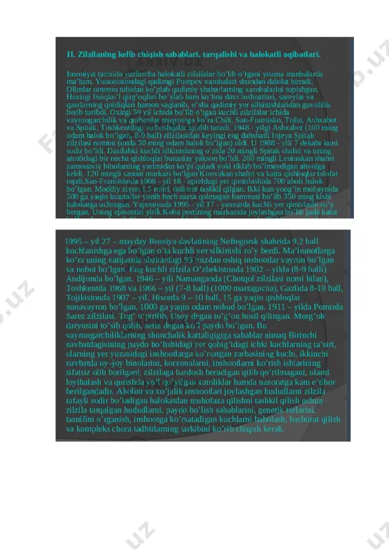 ruv xizmatlari va qutqaruv tuzilmalari, shuningdek, fuqaro muhofazasi tuzilmalarini favqulodda vaziyatlarda harakat qilishga tayyorlash; favqulodda vaziyatlarni bartaraf etish uchun moliyaviy va moddiy resurslar zaxiralarini yaratish; aholini va hududlarni favqulodda vaziyatlardan muhofaza qilish sohasida davlat ekspertizasi, nazorati va tekshiruvini amalga oshirish; favqulodda vaziyatlarni bartaraf etish; xorijiy davlatlar hududida ro‘y bergan favqulodda vaziyatlar oqibatida jabrlangan o‘zbekiston respublikasi fuqarolariga yordam ko‘rsatish, shuningdek ularni va halok bo‘lganlarni evakuatsiya qilish chora-tadbirlarini amalga oshirish; favqulodda vaziyatlardan zarar ko‘rgan aholini ijtimoiy himoya qilishga doir tadbirlarni amalga oshirish; aholini va hududlarni favqulodda vaziyatlardan muhofaza qilish sohasida fuqarolarning, shu jumladan, ularni bartaraf etishda bevosita qatnashgan shaxslarning huquq va majburiyatlarini ta’minlash; aholini va hududlarni favqulodda vaziyatlardan muhofaza qilish sohasida xalqaro hamkorlik qilish; ro‘y berishi mumkin bo‘lgan favqulodda vaziyatlardan sug‘urta qilishning maqbul tizimini ta’minlash. adabiyot : internet: 1. https://lex.uz/uz/docs/-6448083 2. image5.png image6.png image7.png image8.png image9.png image10.png image11.png image12.png image1.png image2.png image3.png image4.png