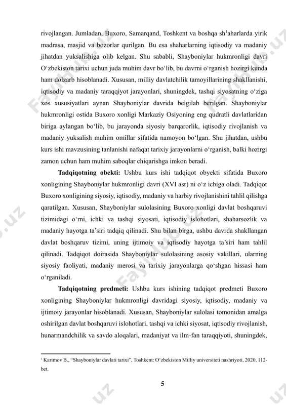 iqotning maqsadi: ushbu kurs ishining maqsadi buxoro xonligining shayboniylar hukmronligi davrini har tomonlama tahlil qilish va uning o‘rta osiyo tarixidagi ahamiyatini ochib berish dan iborat. tadqiqot davomida shayboniylar sulolasining siyosiy, iqtisodiy va madaniy islohotlarini o‘rganish, ularning davlat boshqaruvi, tashqi va ichki siyosatga qo‘shgan hissasini aniqlash hamda bu davrning keyingi tarixiy jarayonlarga ta’sirini tahlil qilish maqsad qilingan. shuningdek, shayboniylar davridagi shaharsozlik, savdo aloqalari, ilm-fan va madaniyat rivojlanishining xususiyatlarini aniqlash ham ushbu ishning asosiy maqsadlaridan biridir. tadqiqotning ilmiy yangiligi quyidagilardan iborat: ushbu kurs ishining maqsadiga erishish uchun quyidagi vazifalar belgilangan: 1. buxoro xonligining tashkil topishi va shayboniylar sulolasining hokimiyatga kelishini tahlil qilish. 2. shayboniylar davridagi siyosiy boshqaruv tizimi va davlat tuzilishini o‘rganish. 3. ichki va tashqi siyosatning xususiyatlarini, qo‘shni davlatlar bilan munosabatlarni tahlil qilish. 4. iqtisodiy rivojlanish, hunarmandchilik, savdo va karvon yo‘llarining ahamiyatini o‘rganish. 5. shayboniylar davrida ilm-fan, adabiyot va madaniyatning rivojlanishini o‘rganish. 6. me’morchilik va shaharsozlik jarayonlarini tahlil qilish, ushbu davrga …