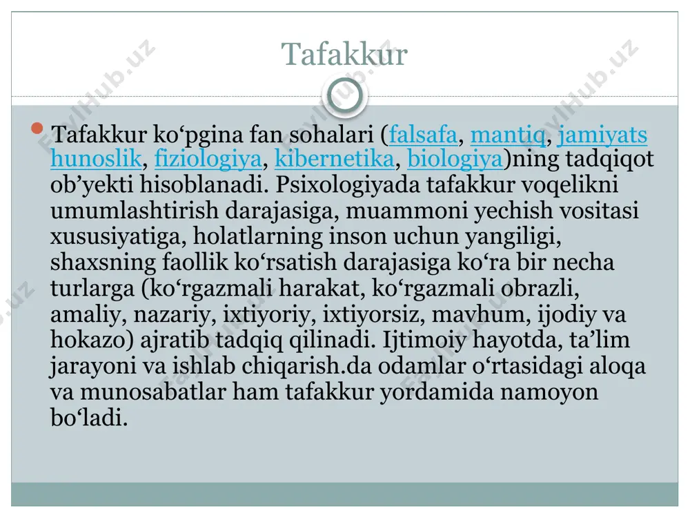mlarga ega bo’ladi. uning fikricha, aql quvvatining eng muhim vazifalarining biri mantiqiy operasiyalarni bajarishdir. psixalogiya-tafakkur psixologiya fani nimadan bahs etadi, degan an'anaviy savol mavjuddir, biroq hozirgi davrda tafakkur psixologiyasi predmeti nima degan savol tug`ilmoqda. ma'lumki, psixologiya fani tafakkurni o’rganadigan yagona fan emas, chunki uning ayrim jishatlarini logika, filosofiya, shatto kibernetika tadqiq qilmoqda. shuning uchun tafakkur psixologiyasi predmetini aniqlash juda mushim masalalardan biriga aylanib qolmoqda. umumiy psixologiya darsliklarida tafakkurni berilgan ta'rif turlicha bo’lib, ikkita yoki uchta muhim xususiyati ta'kidlab o’tiladi, xolos. p. i. ivanov p. i. ivanovning darsligida "tafakkur insonning shunday aqliy faoliyatidirki, bu faoliyat voqelikni eng aniq (to’qri), to’liq, chuqur va umumiylashtirib aks ettirishga (bilishga), insonning taqin sham oqilona amaliy faoliyat bilan shuqullanishiga imkon beradi" deb ta'riflanadi. ushbu ta'rifda tafakkurning to’la, aniq va umumlashtirilgan sholda aks ettirishi ta'kidlab o’tiladi, xolos, lekin uning xarakterli xususiyatlari bavosita, so’z yordami bilan ifodalanishi muallifning diqqat markazidan chetda qolgan. abstrakt tafakkur abstrakt tafakkur narsalarning moshiyatini …