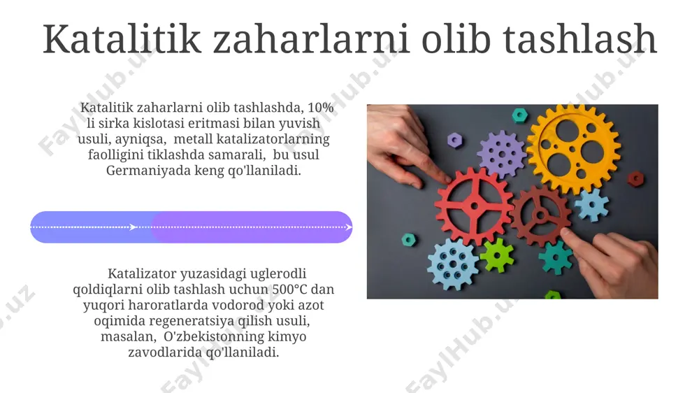 kel katalizatorlarida, 500°c dan yuqori haroratlarda 2-3 soat davomida amalga oshiriladi va bu jarayon germaniyadagi basf zavodlarida keng qo'llaniladi. katalizatorning kimyoviy tarkibini o'zgartirish katalizatorning faolligini tiklash uchun, masalan, platina (pt) katalizatorlarida 100-300°c haroratda vodorod bilan ishlov berish orqali, yuzasidagi karbon birikmalarini olib tashlash mumkin, bu esa katalitik faollikni 20% ga oshiradi. qo'rg'oshin (pb) kabi zaharli metallar bilan ifloslangan nikel (ni) katalizatorlarining faolligini tiklash uchun, 500°c dan yuqori haroratda havo oqimida oksidlash va keyin 700°c da vodorod bilan qaytarish jarayoni samarqanddagi laboratoriyalarda muvaffaqiyatli qo'llanilgan. kimyoviy tozalash usullari katalizator yuzasidagi karbonli qoldiqlarni 450°c da 3 soat davomida havo oqimida oksidlash, faollikning 90% gacha tiklanishiga olib kelishi mumkin, bu esa toshkentdagi ilmiy markazlar tomonidan o'rganilgan. kimyoviy tozalash usullari, masalan, 200°c da 2 soat davomida 5% li hcl eritmasi bilan yuvilishi, katalizatorning faolligini 85% ga tiklashga yordam beradi, bu esa samarqanddagi tajribalarda tasdiqlangan. promotorlar qo'shish temir oksid katalizatoriga 10% kaliy qo'shilishi, amaliy kimyo jurnalining …