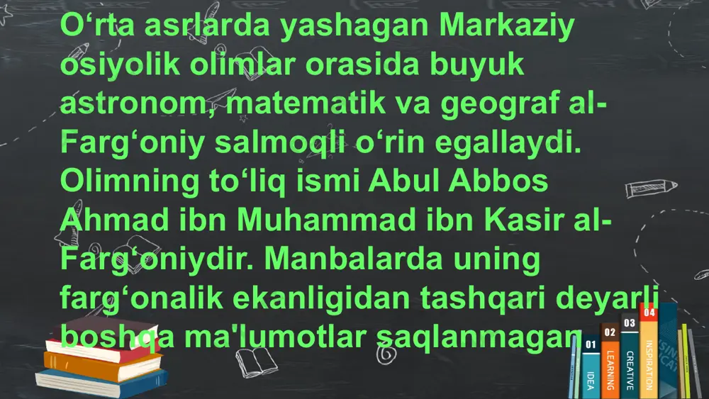 dagi suv sathini oʻlchagichni ichki kurinishi al-farg‘oniyning nomi oxirgi marta 861 yili nilning sathini o‘lchagich uskunasini ta'mirlash munosabati bilan eslatiladi. agar u al-ma'mun bilan 819 yili marvdan bag‘dodga ketayotganda 20-25 yoshlar chamasida bo‘lgan desak, u holda uning tug‘ilgan yili deb 797 yoki 798 yilni qabul qilish mumkin. u holda uning hayot muddati 67-68 yoshni tashkil qiladi. demak, 1998 yili uning tug‘ilaniga 1200 yil to‘ldi. 15 al-farg‘oniyning asosiy astronomik asari «samoviy harakatlar va umumiy ilmi nujum kitobi» («kitob al-harakat as-samoviya va javomi' ilm an-nujum») xii asrda ovro‘poda lotin tiliga ikki marta va xiii asrda boshqa ovro‘po tillariga ham tarjima qilinganidan so‘ng, uning lotinlashtirilgan nomi «alfraganus» shaklida g‘arbda bir necha asr davomida keng tarqaladi. uning bu kitobi shu asrlar davomida ovro‘po universitetlarida astronomiyadan asosiy darslik vazifasini o‘tadi. al-farg‘oniy asarining lotincha tarjimasi birinchi marta 1493 yilda nashr etilgan bo‘lib, u eng qadimgi nashr qilingan kitoblardan hisoblanadi. 1669 yili mashhur golland matematigi va arabshunosi …