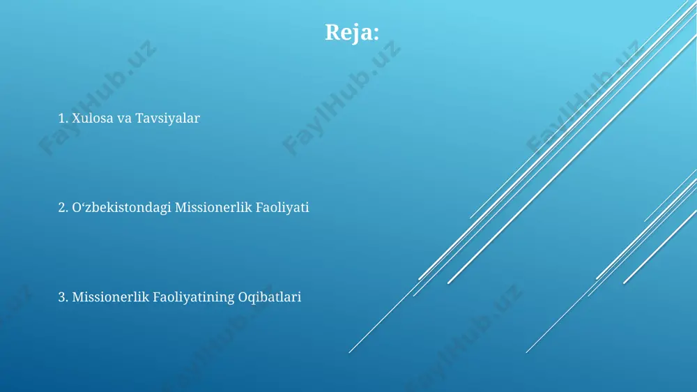 n taqiqlangan va 5 yilgacha qamoq jazosi bilan jazolanadi. konstitutsiyaga koʻra, din erkinligi kafolatlangan boʻlsa-da, ekstremizm va separatizmga yoʻnaltirilgan missionerlik faoliyati qatʼiy taqiqlanadi va 1000 dan ortiq maʼmuriy jarima bilan jazolanadi. davlat tomonidan missionerlik faoliyatini nazorat qilish maqsadida maxsus qoʻmitalar va diniy idoralar tashkil etilgan boʻlib, ularning soni 20 dan ortiq. siyosiy oqibatlar missiya faoliyatining kuchayishi tufayli 2010-2020 yillar oraligʻida hukumat tomonidan 150 dan ortiq diniy ekstremizmga oid ish qoʻzgʻatilganligi kuzatildi. chet ellik missionerlarning faoliyati natijasida milliy identifikatsiya va madaniy qadriyatlarga tahdid soladigan 5 ta yirik diniy guruhning ta'siri kuchaygan. davlat nazorati zaiflashgan hududlarda 20% ga yaqin aholining radikal diniy gʻoyalar ta'siriga tushib qolish xavfi mavjudligi tahlil qilingan. missionerlarning asosiy faoliyat usullari missionerlar diniy adabiyotlarni, shu jumladan 30 dan ortiq turdagi kitob va broshyuralarni yashirin tarqatish orqali faoliyat olib boradilar, bu esa diniy ekstremistizm xavfini oshiradi. missionerlar ijtimoiy tarmoqlardan foydalanib, 2000 dan ziyod odamni jalb qilishga muvaffaq bo'lib, diniy bag'rikenglikka …