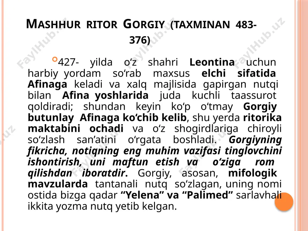 bdabali, serhasham iboralarni uchratmaymiz. lisiy nutq uslubining aniq va ravshanligi, tilining sodda va ravonligi, har bir odamni o‘z tilida gapirtira olish mahorati uni yunon tarixida o‘tgan logograflarning eng mashhurlari qatoriga qo‘ydi. shu tariqa notiqlik san’ati rivojlanib, uning siyosiy notiqlik, sud notiqligi, epidektik notiqlik kabi turlari paydo bo‘ladi. epidektik notiqlar ulug‘ zotlarni va mashhur voqealarni madh etib, tantanali yig‘inlarda nutq so‘zlaganlar. notiqlik san’atining rivojlanishi, adabiy tilning, badiiy adabiyotning ravnaqida katta ro‘l o‘ynadi, shuningdek, “ritorika” ilmining vujudga kelishiga sabab bo‘ldi. yunoniston va rimdagi notiqlik san’ati taraqqiyotida muhim o‘rin egallagan mashhur so‘z ustalarining har biri o‘z nutq uslubi bilan alohida ajralib turganlar. bu haqda mark tulliy sitseron shunday deb yozadi: “isokratda nazokat, lisiyda oddiylik, gipereidda zukkolik, esxilda tiniqlik, demosfenda kuch bor. ular go‘zal, zebo emasmilar? ular ozgina bo‘lsada, bir-biriga o‘xshaydilarmi? afrikanda salmoqdorlik, leliyda muloyimlik, galbada keskinlik, karbonda alohida bir ravonlik va ohang bor edi. ularning qaysi biri o‘z davrlarida birinchi bo’lmagan? va aytish …