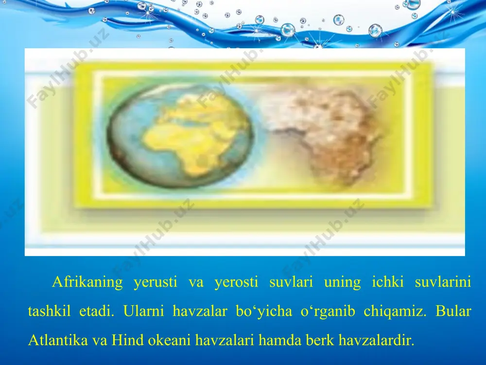 dan o‘rin olgan. bulardan eng yirigi zambezi daryosidir (uzunligi 2 660 km). daryoda ko‘plab ostonalar va sharsharalar hosil bo‘lgan. quyi oqimida delta tarkib topgan va kemalar qatnaydi. daryodagi viktoriya sharsharasi keng (1 800 m) suv oqimini hosil qilib, 120 m balandlikdan tor daraga oqib tushadi. bu dunyodagi eng yirik va go‘zal manzarali sharsharalardan hisoblanadi. berk havzada joylashgan shari daryosi chad ko‘liga quyiladi. afrikaning barcha yirik daryolarida baliqlar mo‘l. viktoriya, tanganika, nyasa ko‘llari asosiy ko‘llardir. viktoriya tektonik botiqda, qolgan ikkitasi afrika yer yorig‘ida joylashgan. barchasi oqar ko‘llardir. chad, rudolf, rukva oqmas ko‘llar guruhiga kiradi. chad ko‘liga yog‘ingarchilik paytida daryolar ko‘p suv keltiradi. bu paytda ko‘l maydoni ikki baravar kengayadi. yerosti suvlari afrikaning qurg‘oqchil hududlarida yagona suv manbayi hisoblanadi. sahroyi kabir, namib, kalaxari va somali cho‘llarida yerosti suvlari topilgan.