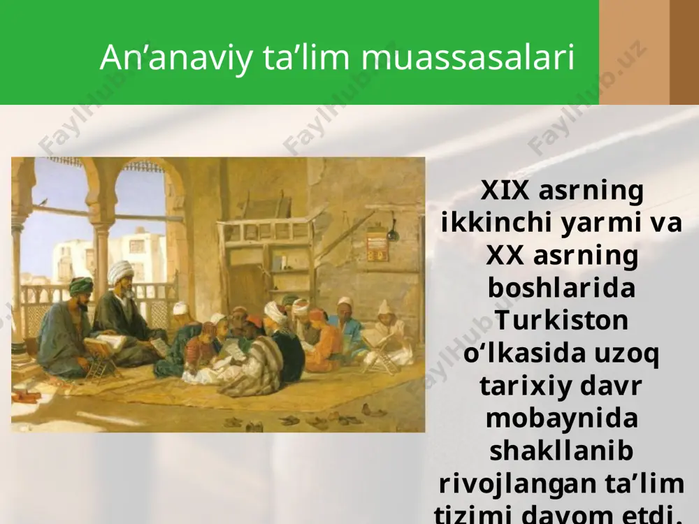 gi maktablar ochilgan edi. jadidlarning yangi usul maktablaridan zamonasining yetuk olimlari, adabiyotshunoslari, rassomlari, shoirlari, san’atkorlari, maorif sohasi mutaxassislari yetishib chiqdi. jumladan, shoir akademik g‘afur g‘ulom, shoir va dramaturg uyg‘un, oybek kabi davlat va madaniyat arbob larini ko‘rsatish mumkin. g‘afur g‘ulom jadidlarning yangi usul maktablaridagi milliy g‘oyalarga asoslangan ta’lim berishi o‘lkada hukmron bo‘lgan mustamlakachi hukumat tomonidan kuzatuv va nazoratda bo‘lgan. 1911-yilda 50 ga yaqin jadid maktablari yopib qo‘yildi. jadid maktablarini ochish tashabbuskorlari qattiq nazorat ostiga olindi. 1913-yilga kelib buxoro amirligida barcha jadid maktablari yopildi. matbuot va jurnalistika 1870-yildan boshlab turkiston general-gubernatorligining rasmiy nashri - «tуркестанские ведомости» va uning o‘zbek tilidagi ilovasi «turkiston viloya-tining gazeti» muntazam chiqib turdi. uning muharriri mustamlakachilik tuzumining targ‘ibotchisi n. ostroumov edi. n. ostroumov 1906-yilda ismoil obidov muharrirligida ilk bor o‘zbek milliy gazetasi «taraqqiy» nashr etildi. gazetaning birinchi soni chiqqan sana, ya’ni 27-iyun hozirda o‘zbekistonda matbuot va ommaviy axborot vositalari xodimlari kuni sifatida nishonlanadi. image2.jpg image3.jpeg image4.jpeg image5.jpg …