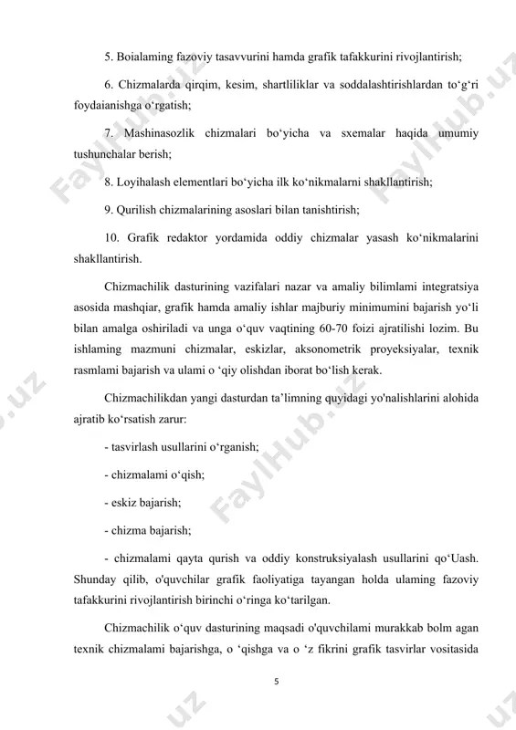 agi yo'nalishlarini alohida ajratib ko‘rsatish zarur: - tasvirlash usullarini o‘rganish; - chizmalami o‘qish; - eskiz bajarish; - chizma bajarish; - chizmalami qayta qurish va oddiy konstruksiyalash usullarini qo‘uash. shunday qilib, o'quvchilar grafik faoliyatiga tayangan holda ulaming fazoviy tafakkurini rivojlantirish birinchi o‘ringa ko‘tarilgan. chizmachilik o‘quv dasturining maqsadi o'quvchilami murakkab bolm agan texnik chizmalami bajarishga, o ‘qishga va o ‘z fikrini grafik tasvirlar vositasida ifoda etishga, shuningdek kompyuter yordamida oddiy chizmalami yasashga o‘rgatishdan iborat. chizmachilik kursining turmush, ishlab chiqarish bilan aloqalarini ta’minlash, shuningdek, o‘quv jarayoniga qiziqarli va ijodkorlik masalalarining kiritilishi unga o‘quvchilaming qiziqishi vata’lim sifatini orttiradi. zamonaviy o‘zgarishlar umumta’lim maktablari oldiga yangi vazifalami qo‘ymoqda. shu jum ladan o'quvchilaming grafik ta’limi www.ziyouz.com kutubxonasi mazmunini ham qayta ko‘rib chiqish zaruriyati paydo bommoqda. 0 ‘quvchiiaming maktabda chizmachilikni o‘rganishi, fakultativ mashg‘ulotlar va boshqa fanlami cfqishlarida egallashlari rejalashtirilgan grafik bilim, ko‘nikma va malakalarining umumlashmasini grafik ta ’lim deb tushunamiz. grafik ta’limning tarkibiy qismlari 4-shaklda keltirilgan. chizmachilik darslarini …