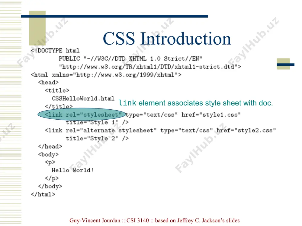 dia type. declarations apply if the associated selector matches the element in question. guy-vincent jourdan :: csi 3140 :: based on jeffrey c. jackson’s slides guy-vincent jourdan :: csi 3140 :: based on jeffrey c. jackson’s slides css rule cascade 2- the primary sort of the declarations is by weight and origin: for normal declarations, author style sheets override user style sheets which override the default style sheet. for "!important" declarations, user style sheets override author style sheets which override the default style sheet. "!important" declaration override normal declarations. an imported style sheet has the same origin as the style sheet that imported it. five origin/weight levels: user/important author/important author/normal user/normal user agent/normal guy-vincent jourdan :: csi 3140 :: based on jeffrey c. jackson’s slides guy-vincent jourdan :: csi 3140 :: based on jeffrey c. jackson’s slides css rule cascade 3- the secondary sort is by specificity of selector: more …