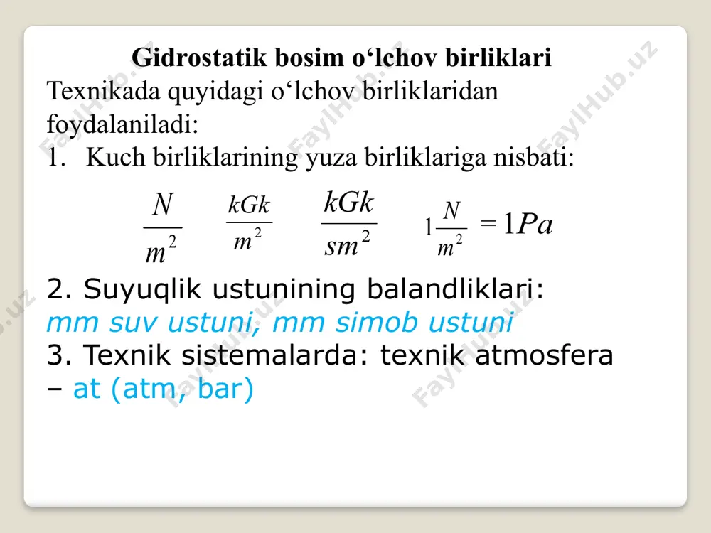 arab aniqlanadi. berilgan ma`lumotlarga asosan: pm=ρg (h-hc)=1000*9,18*(1,5-0,5) = 9810pа 1 p =98.1=9.81= 107.91 kpa 2-masala: agarda naydagi simob ustuni balandligi hc = 30 sm, hamda simob bilan suvni ajratadigan farq idish o’qidan h = 10 sm pastdan o’tsa, idishdagi suvning to’liq va manometrik bosimlari aniqlansin. yechish: suyuqliklarni ajratadigan 00 chiziqda nisbatan muvozanat tenglamasini tuzamiz. patm+ρcgch=p+ ρgh bundan p=patm+ρcgch- ρgh va pm=p-patm=ρcgch- ρgh idish markazidagimonametrik bosim berilgan shartlarda pm=ρcgch-ρgh=13600kg/m3 * 9,81m/sek2 *0,3 m-1000kg/m3 *9,81m/sek2 *0,1 m =39043,8 pa bo’ladi: to’liq gidrostatik bosim esa quyidagiga teng bo’ladi p=patm -pm =98100-39043,8=59056,2 pa har bir talabaga 1-masalani bajarish uchun variantlar № 1 2 3 4 5 6 7 8 9 10 11 12 13 14 15 16 17 18 19 20 hc 0,2 0,3 0,4 0,5 0,6 0,7 0,8 0,9 1,0 1,1 1,2 1,3 1,4 0,9 1,0 1,1 1,2 1,3 1,4 0,9 h 2,1 2,2 2,3 2,4 2,5 2,6 2,7 1,6 1,7 1,8 1,9 …